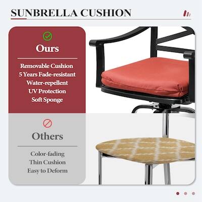 SUNBRELLA CUSHION

Ours
- Removable Cushion
- 5 Years Fade-resistant
- Water-repellent
- UV Protection
- Soft Sponge

Others
- Color-fading
- Thin Cushion
- Easy to Deform