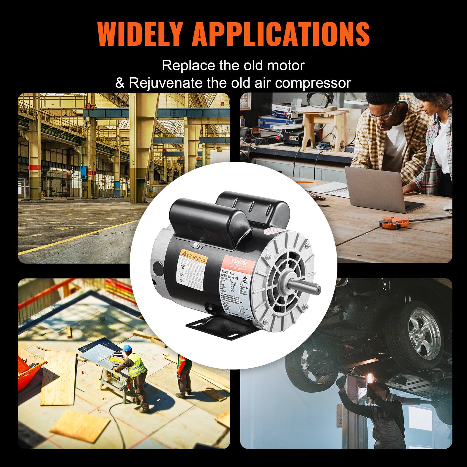 WIDELY APPLICATIONS  
Replace the old motor & Rejuvenate the old air compressor  

A WARNING  
VEVOR INZA PASES, NECTOR VITAM  on 201 SMAX