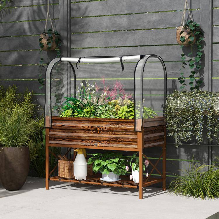 Alt View 2. PULUZ - Raised Garden Bed with Legs and Cover, Metal Elevated Planter Box with Bottom Shelf and Liner for Vegetables - Brown.
