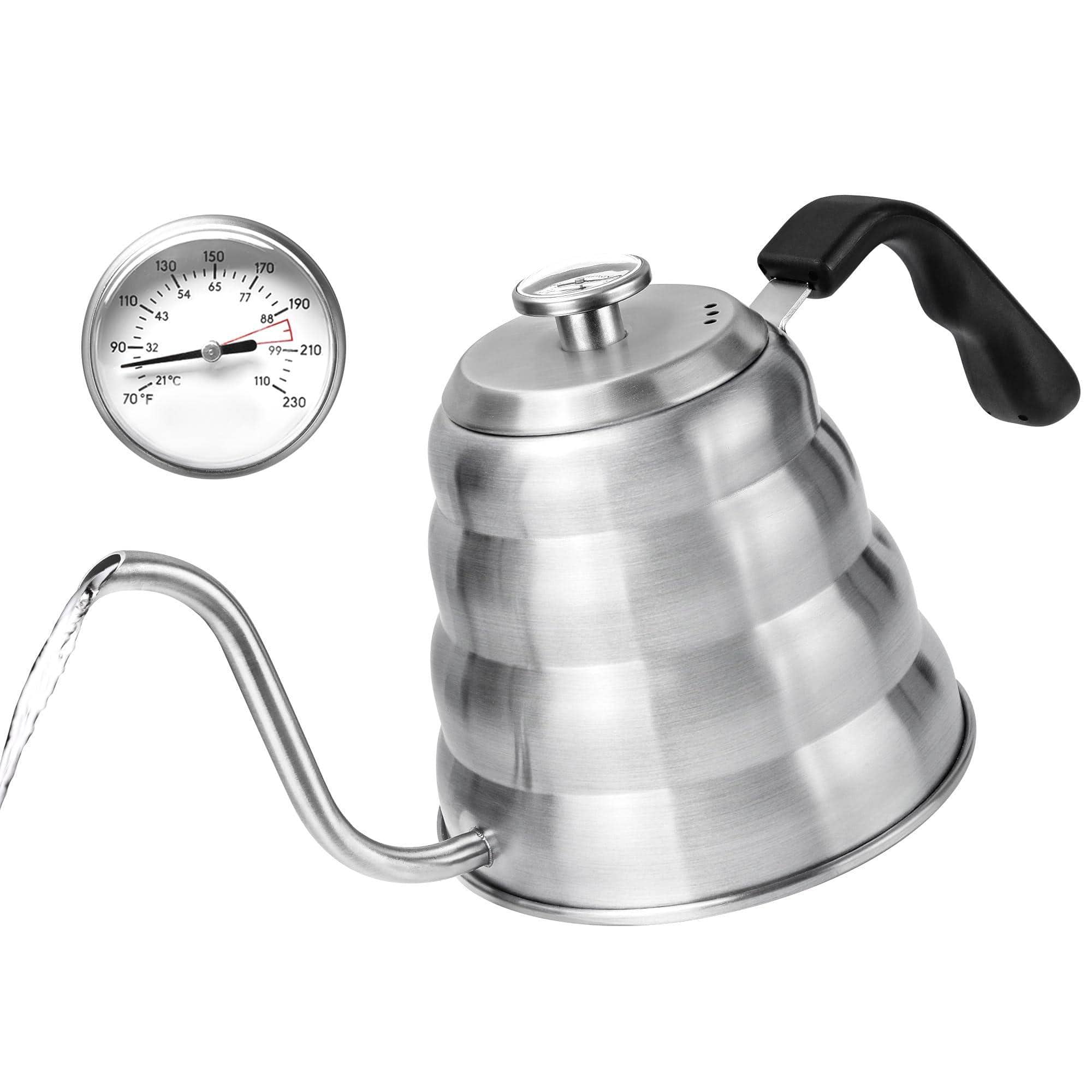 Dapper Styles - Tea Kettle With Pot Stovetop Gooseneck Teapot Pour Over Coffee 6 Cup - Silver (with Thermometer)-0.9 Quarts