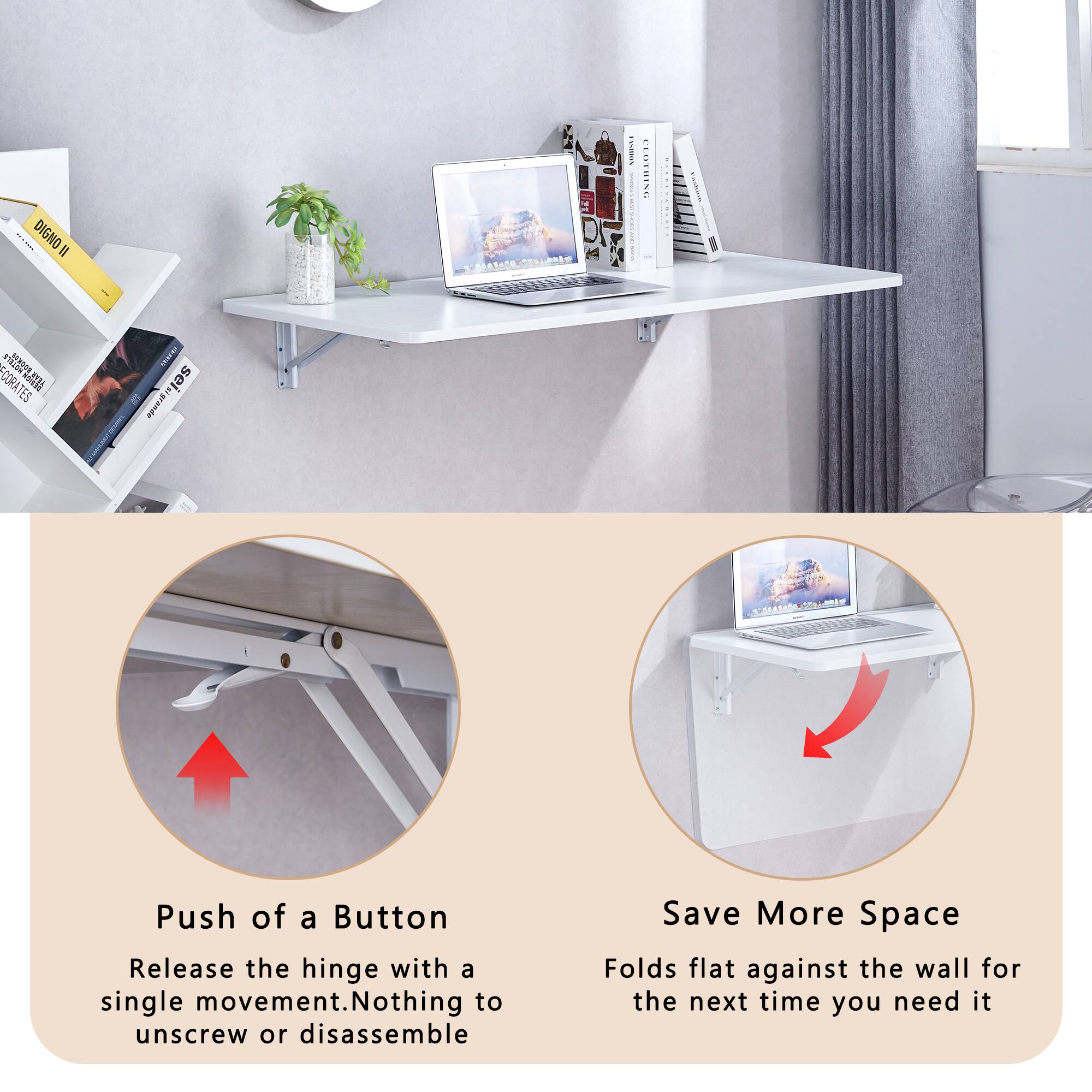 - DIGNOR 'VeRmI CLOTSISE e ECORATE ES E sei sel.pa | 2 ane TAASAS
- Push of a Button: Release the hinge with a single movement. Nothing to unscrew or disassemble
- Save More Space: Folds flat against the wall for the next time you need it