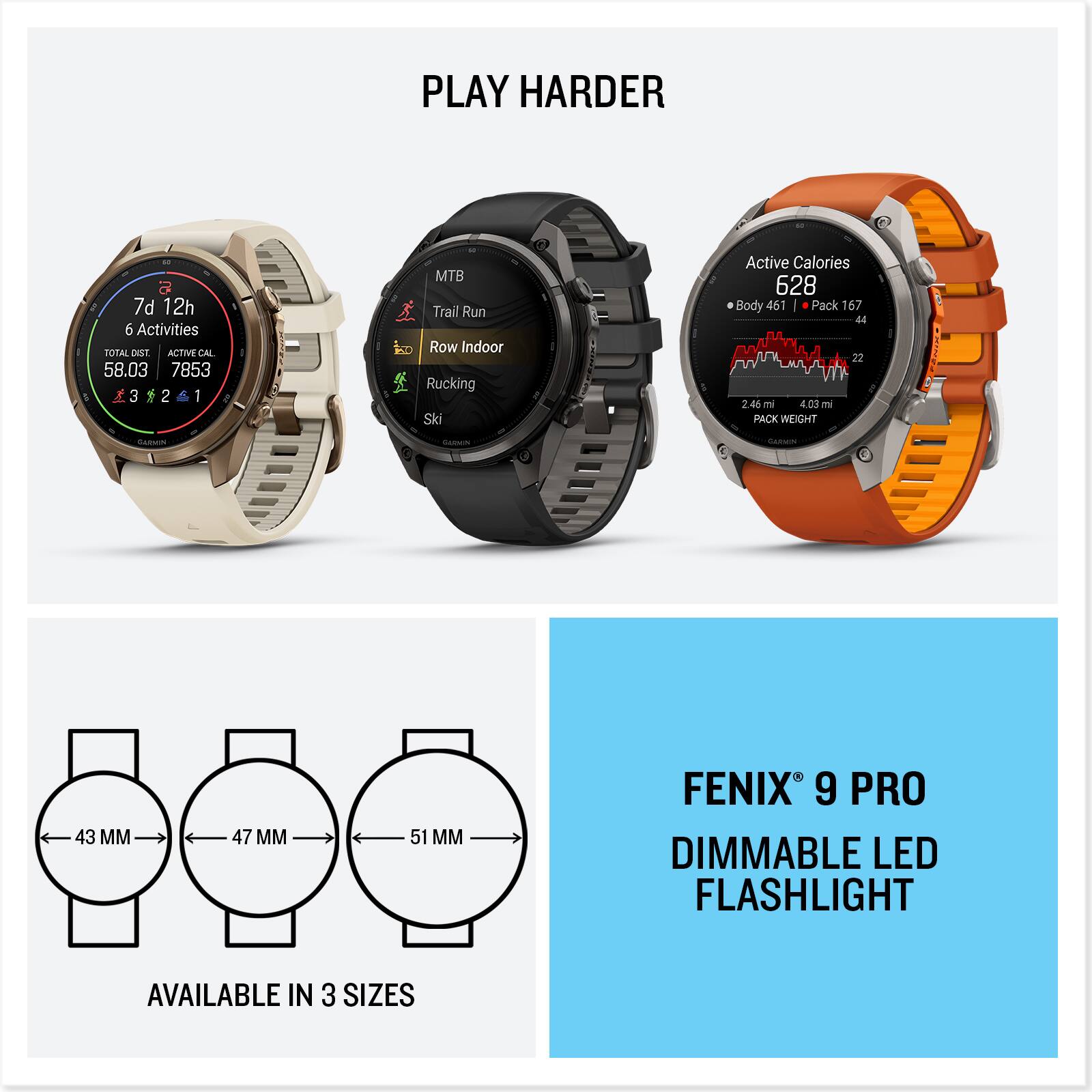 PLAY HARDER

7d 12h 6 Activities
TOTAL DIST. ACTIVE CAL 58.03 7853 3 2 1
10 MTB Trail Run 20 Row Indoor Rucking Ski

Active Calories 628
Body 461 Pack 167 44 U W 22 L 2.46 mi 4.03 ni PACK WEIGHT

GARMIN
GARMIN
CARMIN

43 MM
47 MM
51 MM

FENIX 9 PRO DIMMABLE LED FLASHLIGHT
AVAILABLE IN 3 SIZES