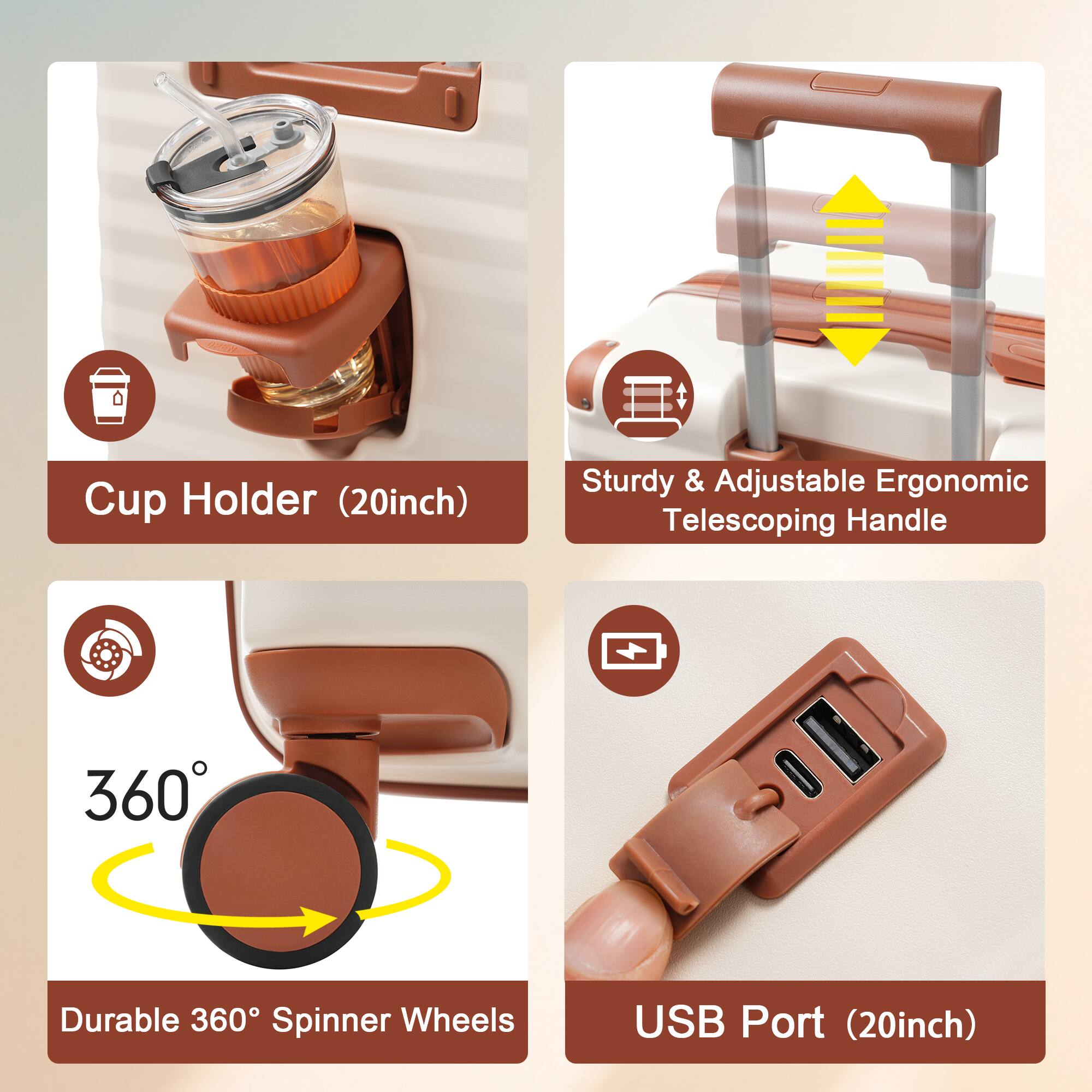 - Cup Holder (20inch)
- Sturdy & Adjustable Ergonomic Telescoping Handle
- Durable 360° Spinner Wheels
- USB Port (20inch)