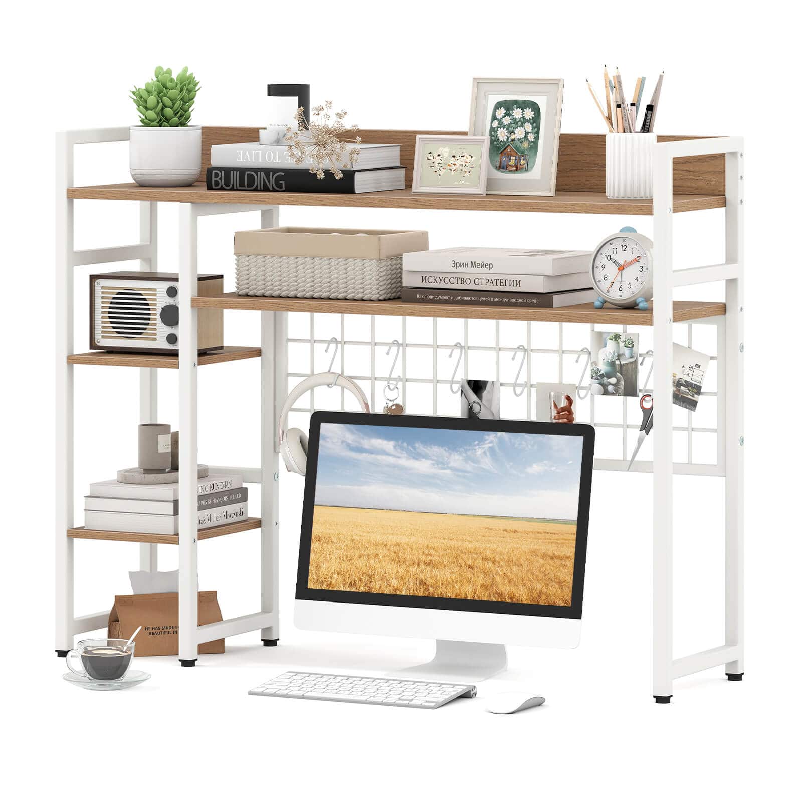Costway - Desktop Bookshelf with 4 Open Storage Shelvesfor Computer Monitor Up to 32" - Natural