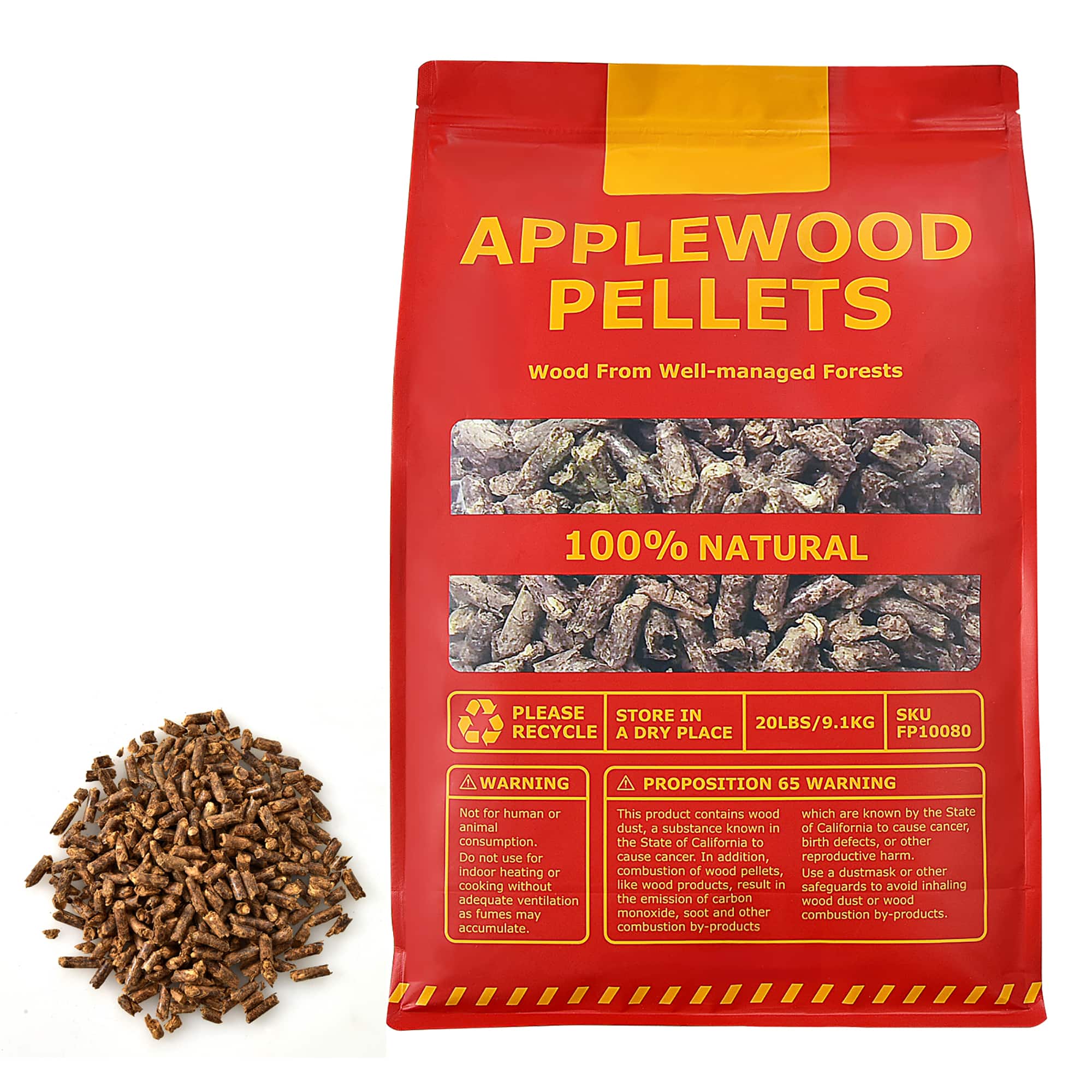 APPLEWOOD PELLETS 100% NATURAL Wood From Well-managed Forests Please Store In A Dry Place FP10080 20LBS/9.1KG RECYCLE A DRY PLACE WARNING PROPOSITION 65 WARNING Not for human or animal consumption. This product contains wood, a substance known in the State of California to cause cancer, birth defects, or other reproductive harm. Do not use for indoor heating or combustion of wood pellets, use a dust mask or other safeguards to avoid inhaling wood dust or wood smoke. Emissions from the combustion of wood pellets may accumulate carbon monoxide, soot, and other combustion by-products.