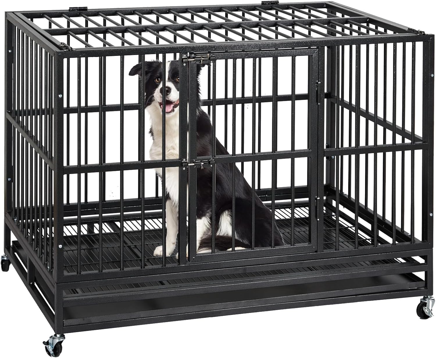 Front. Acekool - Heavy Duty Dog Crate Cage Kennel, Indestructible Steel Escape-Proof, 360° Lockable Wheels, Removable Tray, Black.