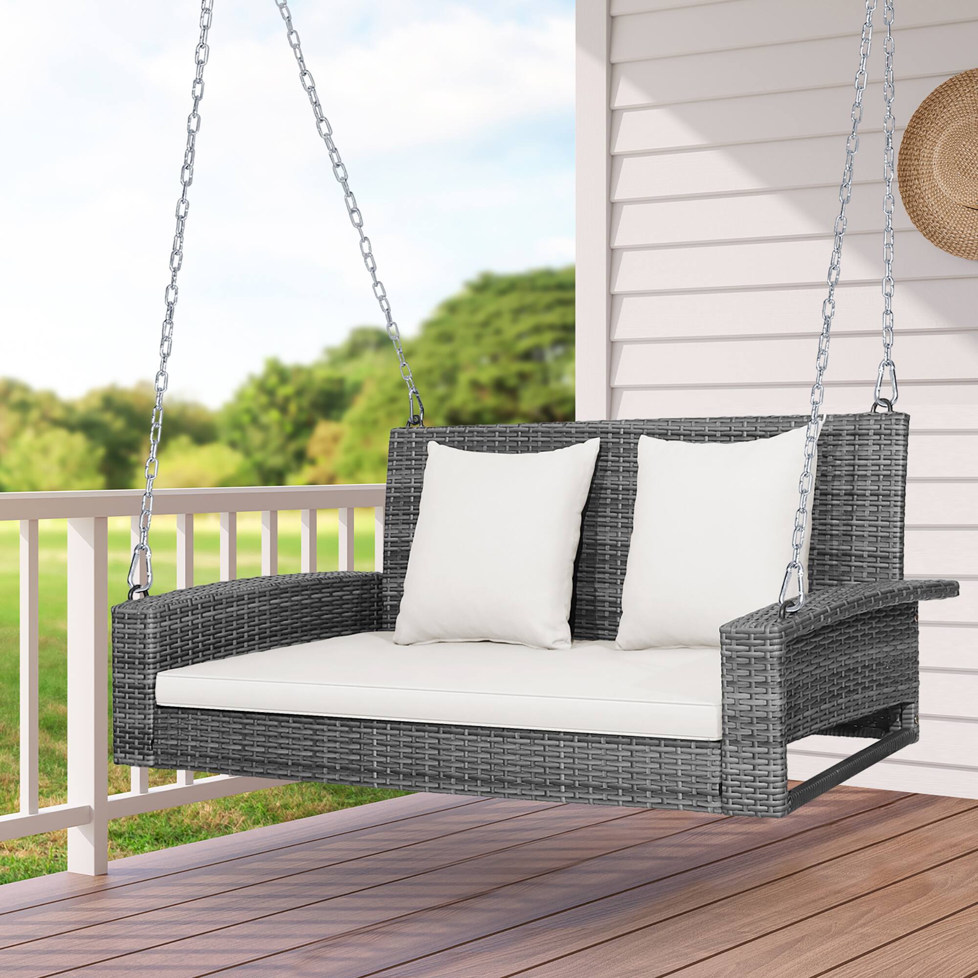 Alt View 7. Costway - Costway 2-Person Patio PE Wicker Hanging Porch Swing Bench Chair with Cushion - Off White.