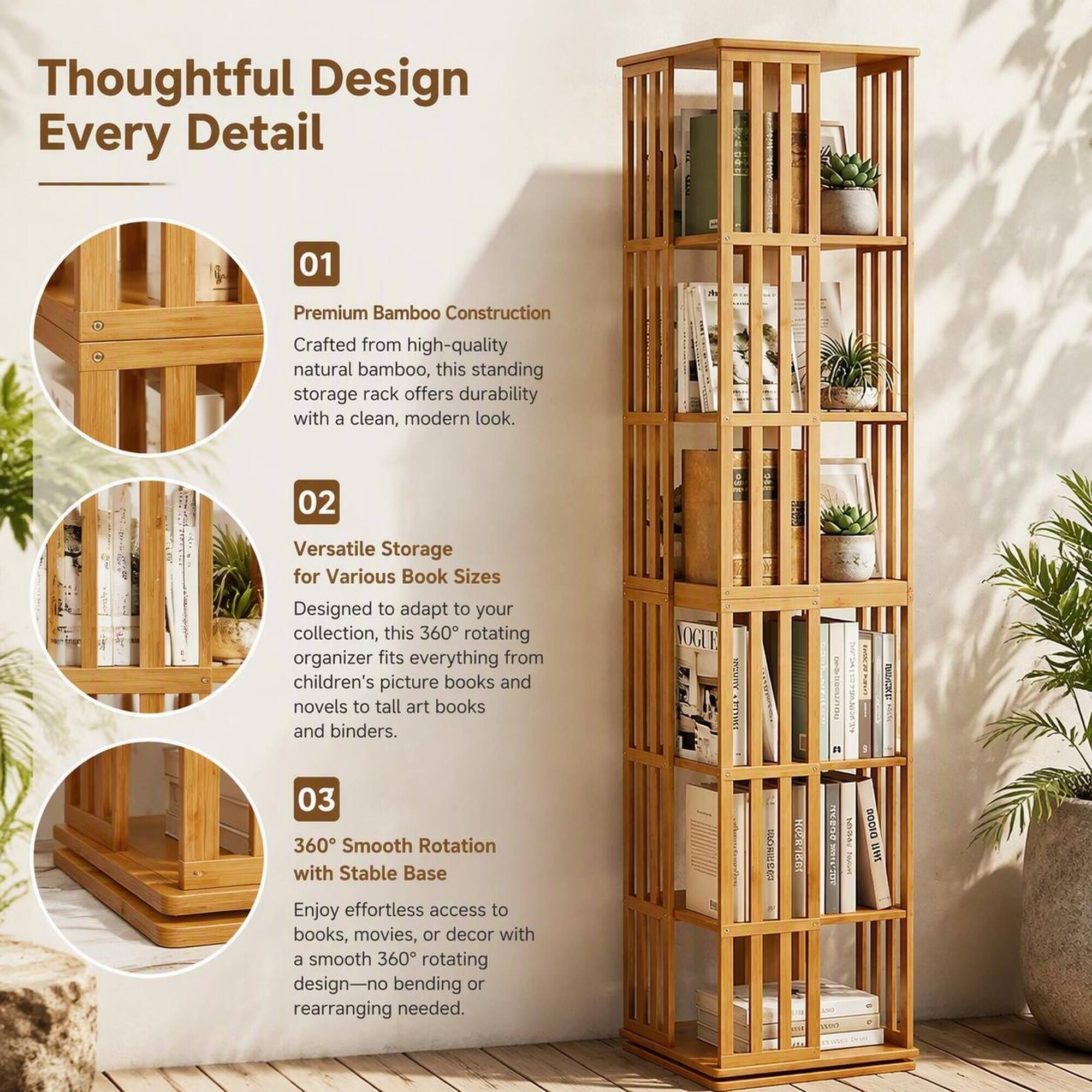 Thoughtful Design Every Detail

01
Premium Bamboo Construction
Crafted from high-quality natural bamboo, this standing storage rack offers durability with a clean, modern look.

02
Versatile Storage for Various Book Sizes
Designed to adapt to your collection, this 360° rotating organizer fits everything from children's picture books and novels to tall art books and binders.

03
360° Smooth Rotation with Stable Base
Enjoy effortless access to books, movies, or decor with a smooth 360° rotating design—no bending or rearranging needed.
