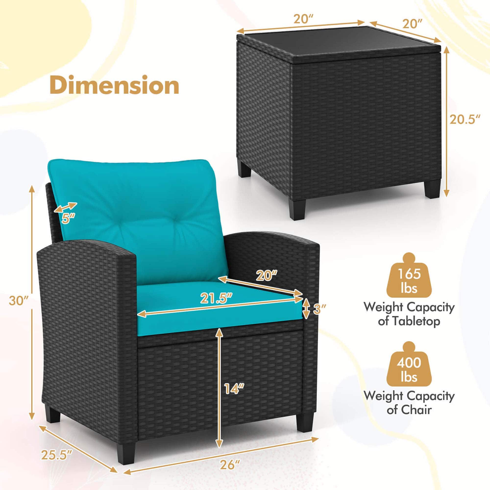 Dimension: 20" x 20"
Weight Capacity of Tabletop: 165 lbs
Weight Capacity of Chair: 400 lbs