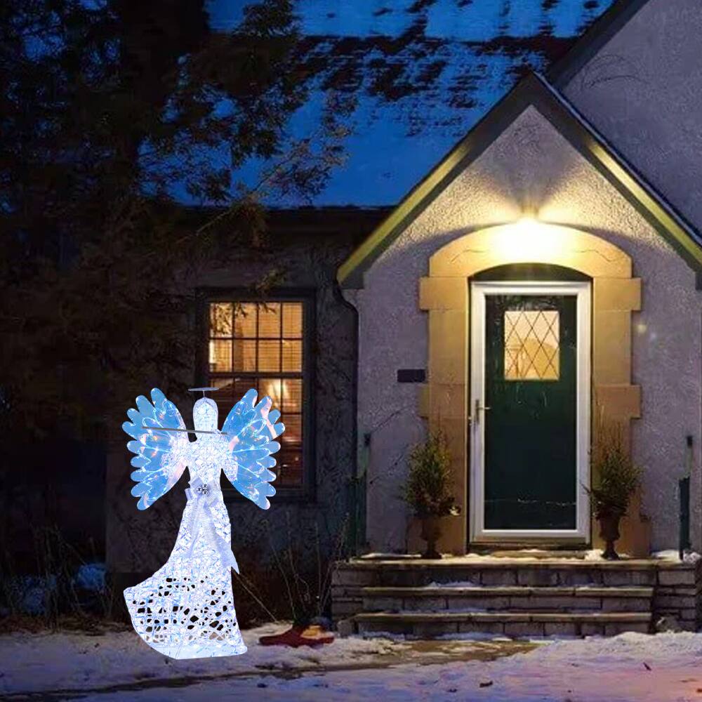 Angle. BreeBe - 5.2-Foot Illuminated Christmas Angel with Flute and Sparkling 3D Halo Outdoor Decoration - White.