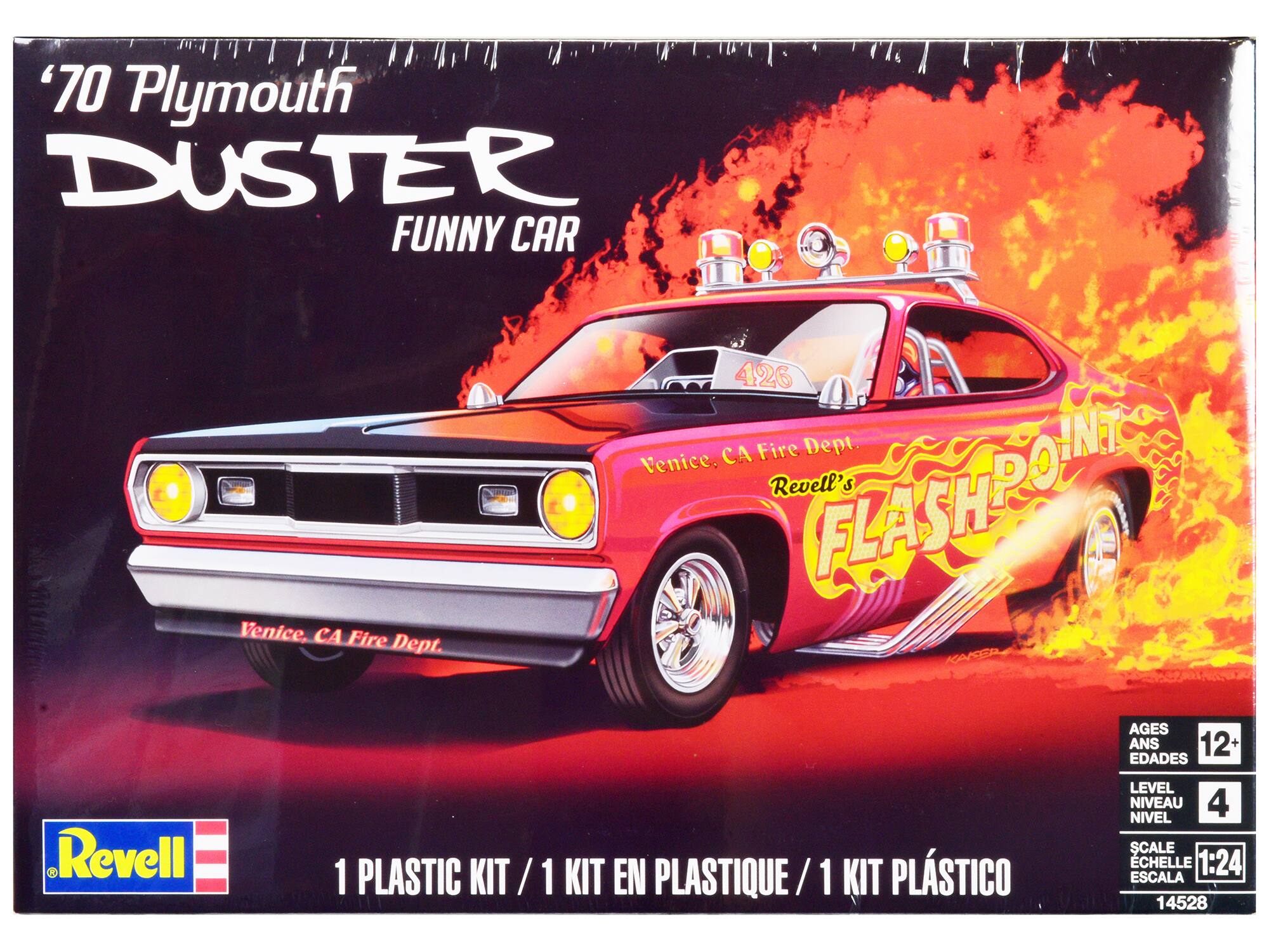 '70 Plymouth DUSTER FUNNY CAR Venice, CA Fire Dept. 426 CA Fire Dept. Venice, Revell's FLASHPOINT S AGES ANS 12+ EDADES Revell 1 PLASTIC KIT / 1 KIT EN PLASTIQUE / 1 KIT PLÁSTICO LEVEL NIVEAU 4 NIVEL SCALE CHELLE 1:24 ESCALA 14528