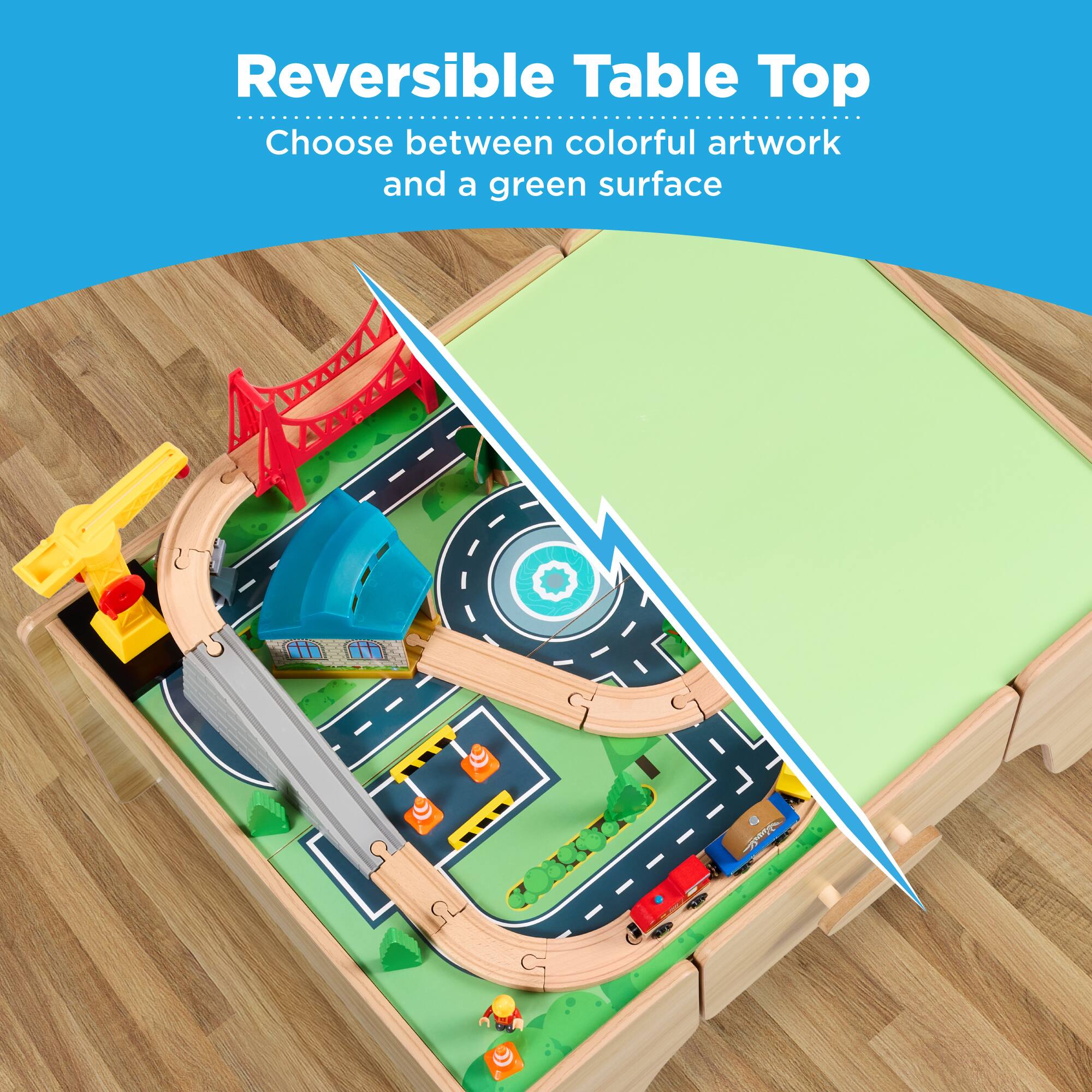 Reversible Table Top
Choose between colorful artwork and a green surface