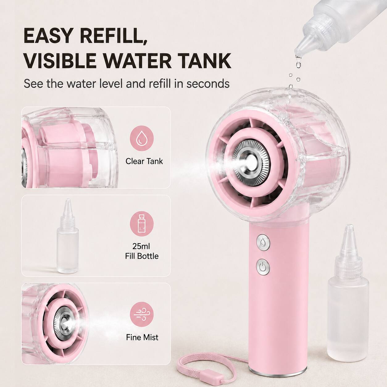 EASY REFILL,  
VISIBLE WATER TANK  
See the water level and refill in seconds  

Clear Tank  
25ml Fill Bottle  
Fine Mist