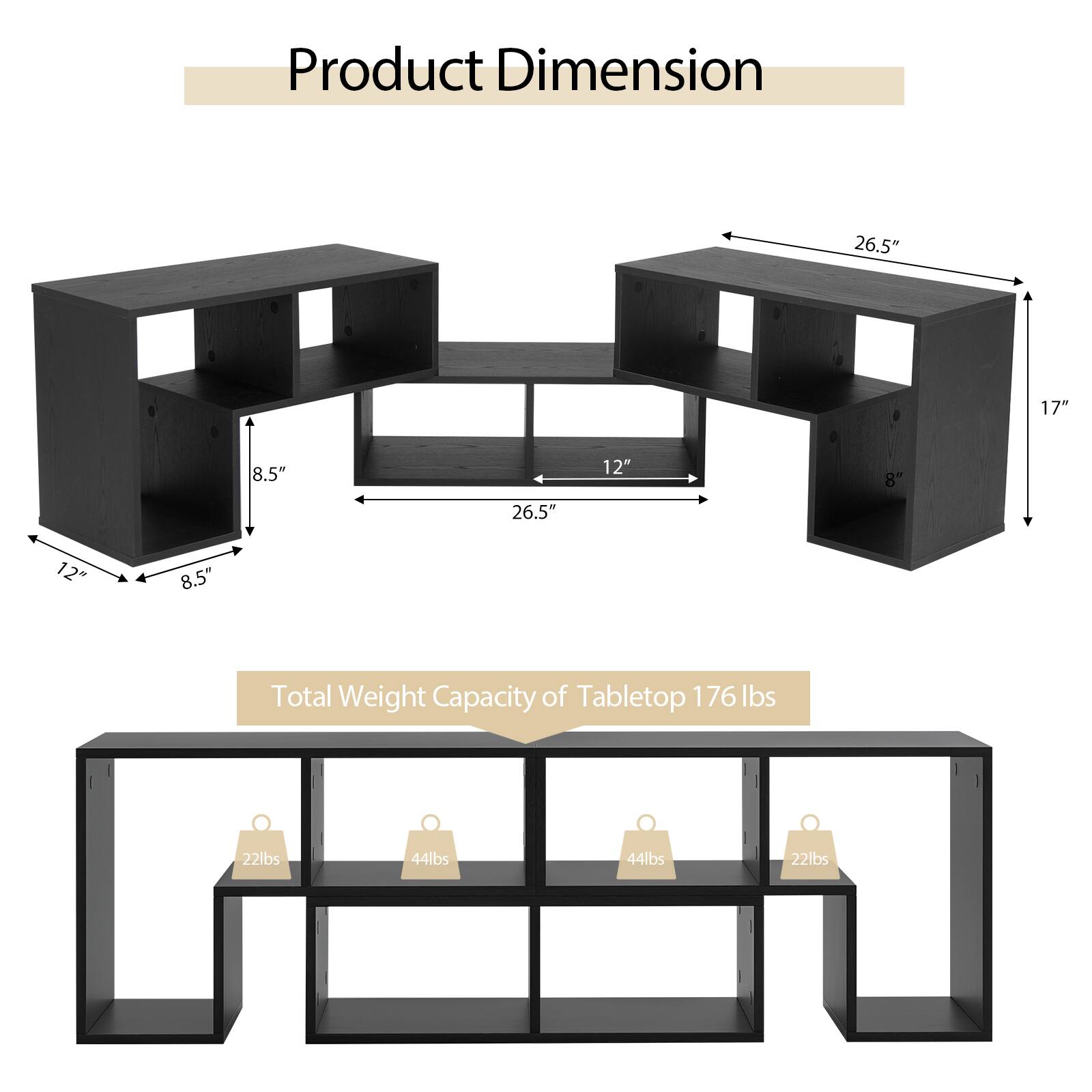 Product Dimension: 26.5" x 17" x 8.5"
Total Weight Capacity of Tabletop: 176 lbs