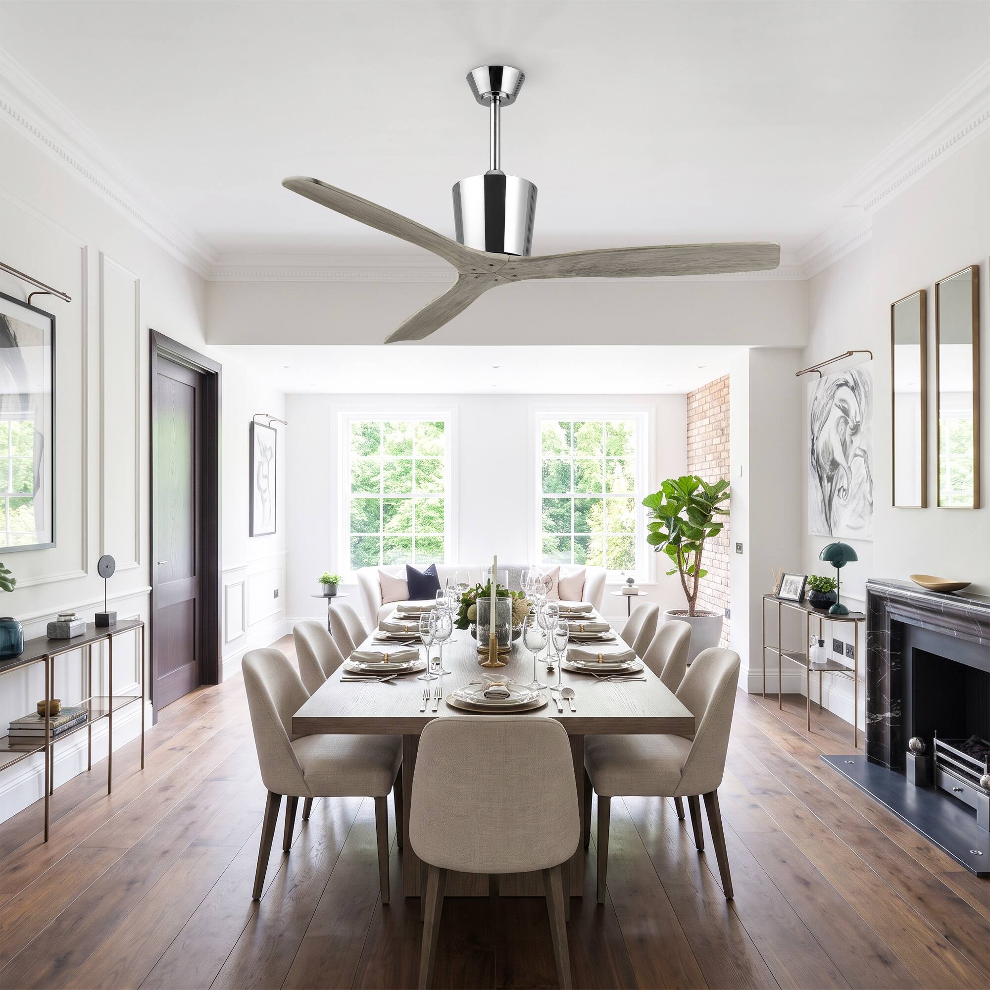 Left. Parrot Uncle - 54" Modern Solid Wood Blade DC Motor 6 Speeds Ceiling Fan with Remote, No Light - Chrome.