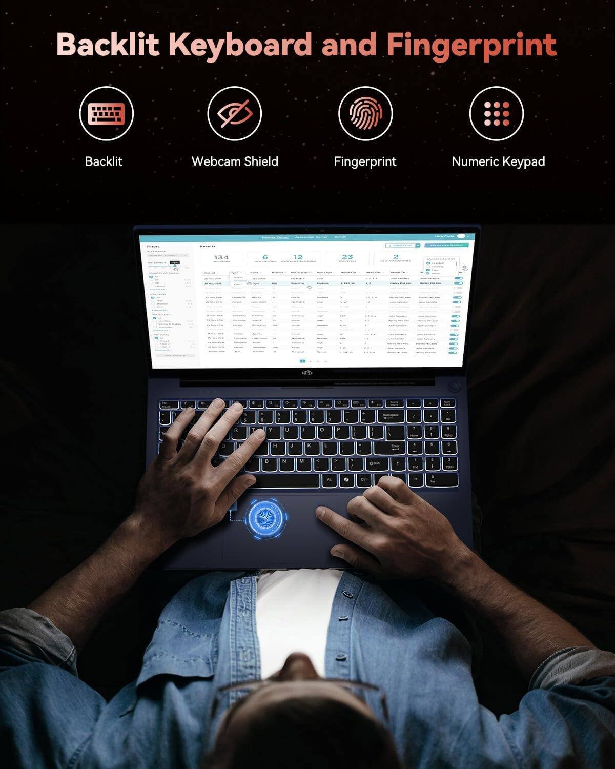 Backlit Keyboard and Fingerprint

- Backlit
- Webcam Shield
- Fingerprint
- Numeric Keypad