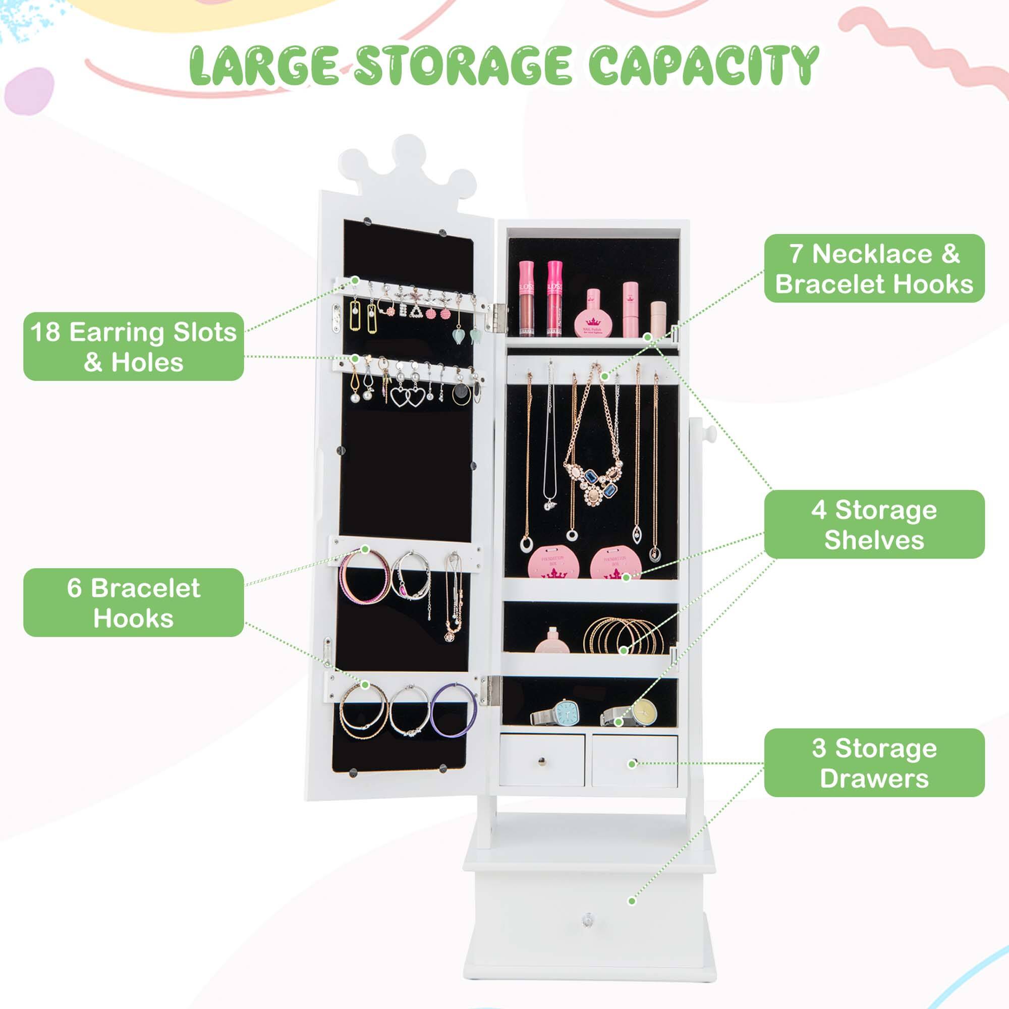 LARGE STORAGE CAPACITY

7 Necklace & Bracelet Hooks
18 Earring Slots & Holes
4 Storage Shelves
6 Bracelet Hooks
3 Storage Drawers
