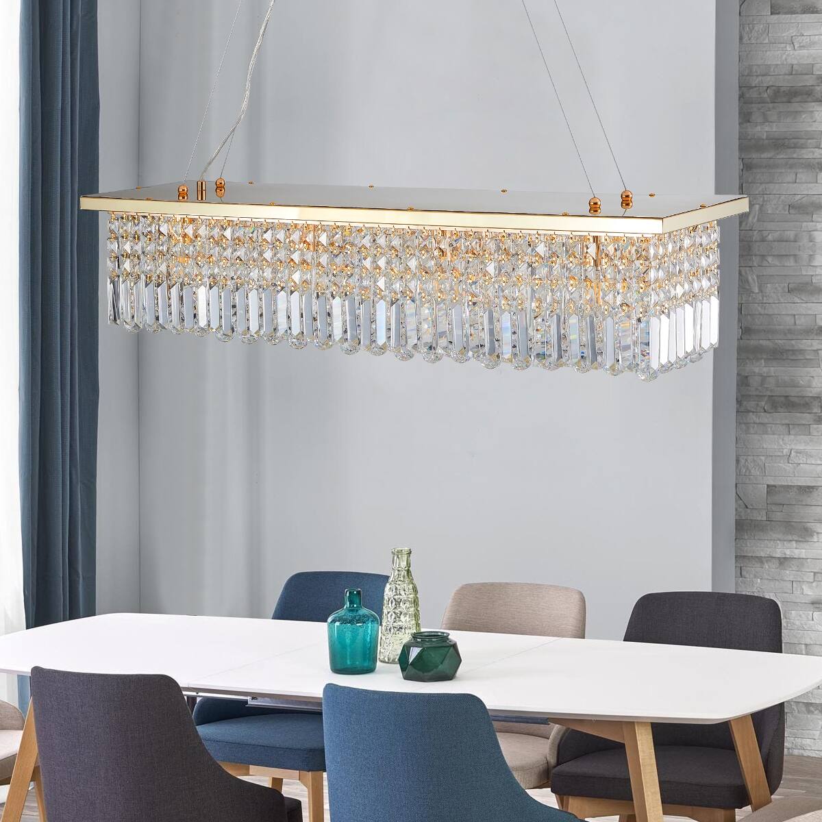 Back. Loheer - Loheer Modern Eight Light Crystal Chandelier Gold Rectangular Pendant for Dining Room.