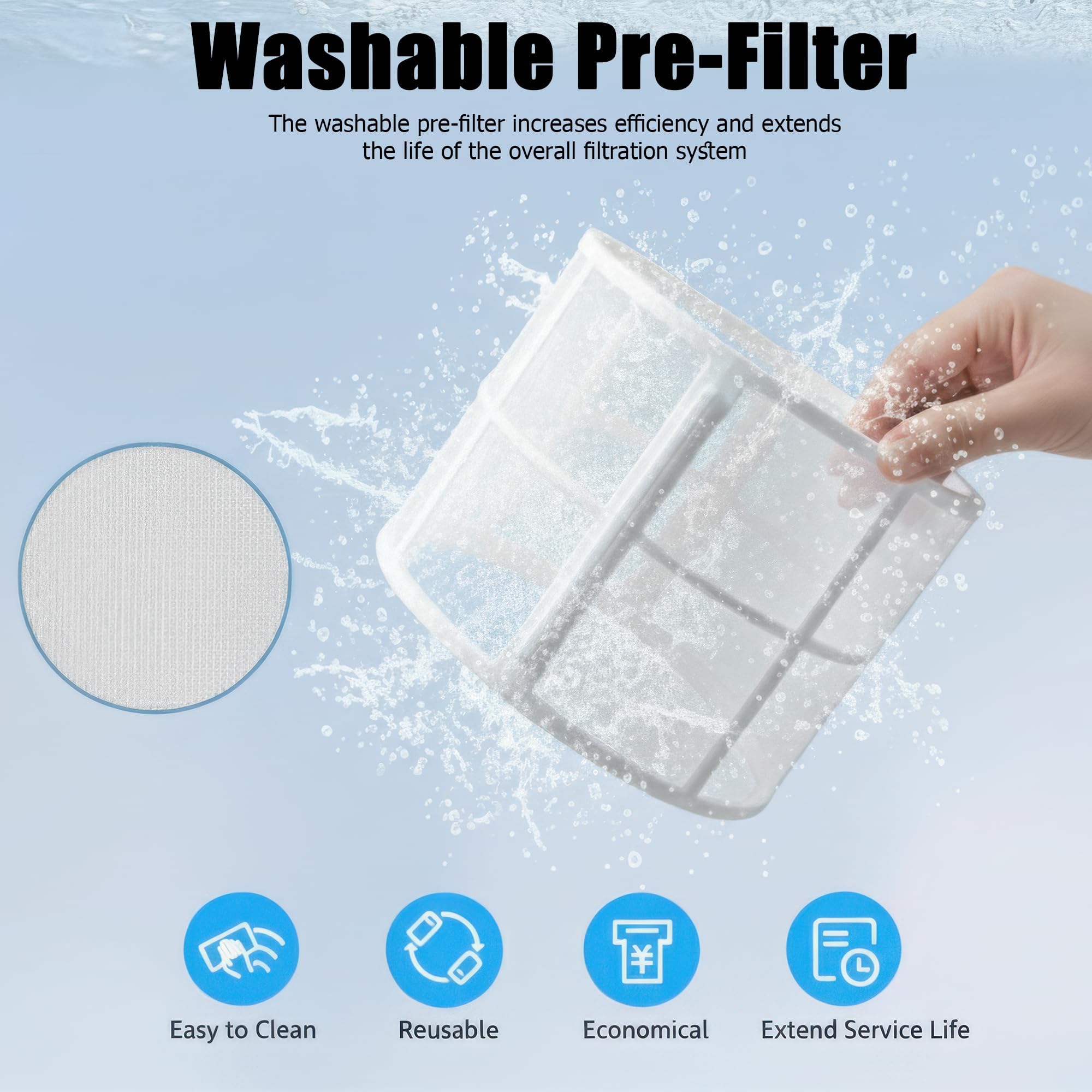 Washable Pre-Filter  
The washable pre-filter increases efficiency and extends the life of the overall filtration system  

Easy to Clean  
Reusable  
Economical  
Extend Service Life