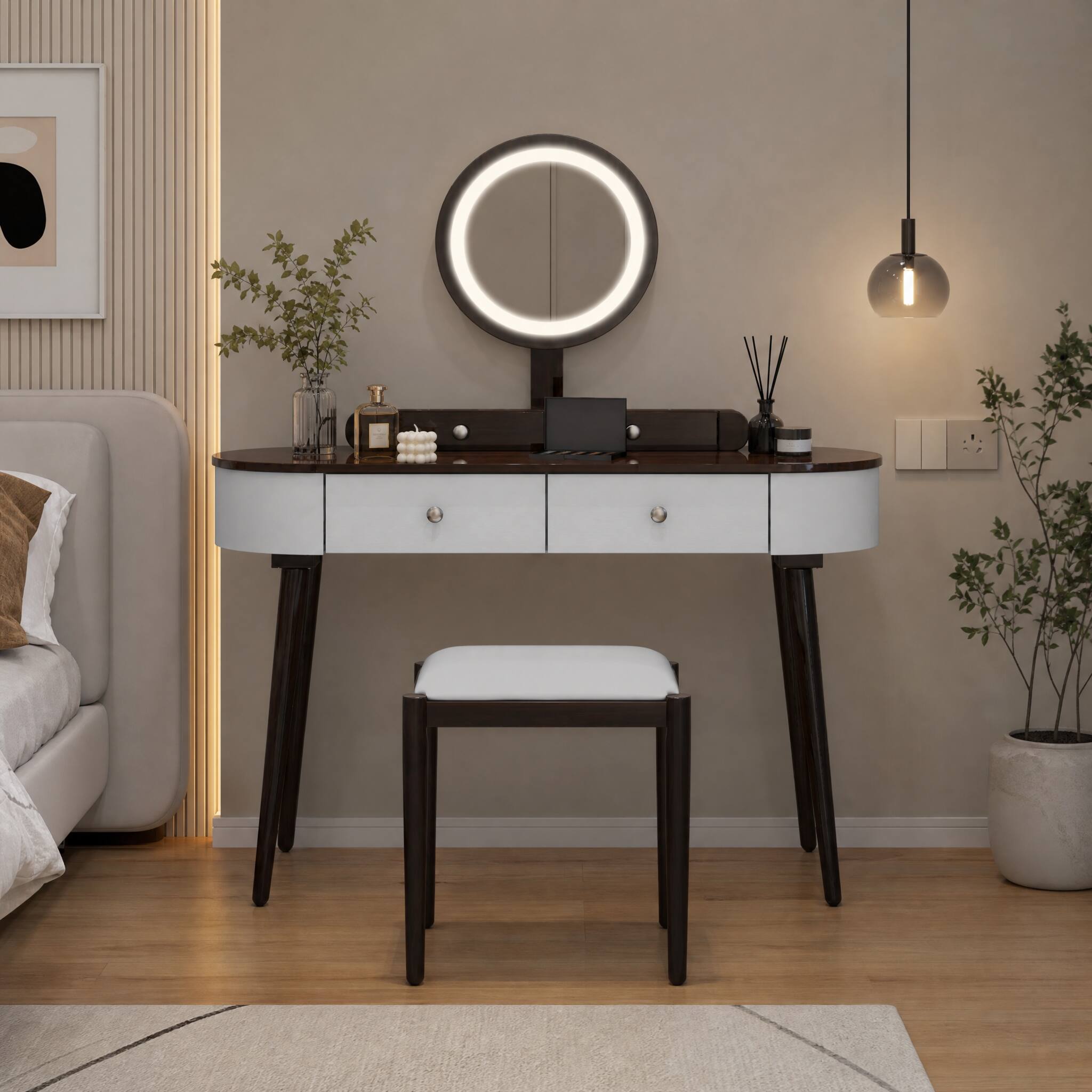 Angle. WELLFOR - 47 Inch Modern Makeup Vanity Desk Set with 3 Color Round LED Mirror, Dressing Table with 4 Storage Drawers&Padded Stool - White and Brown.