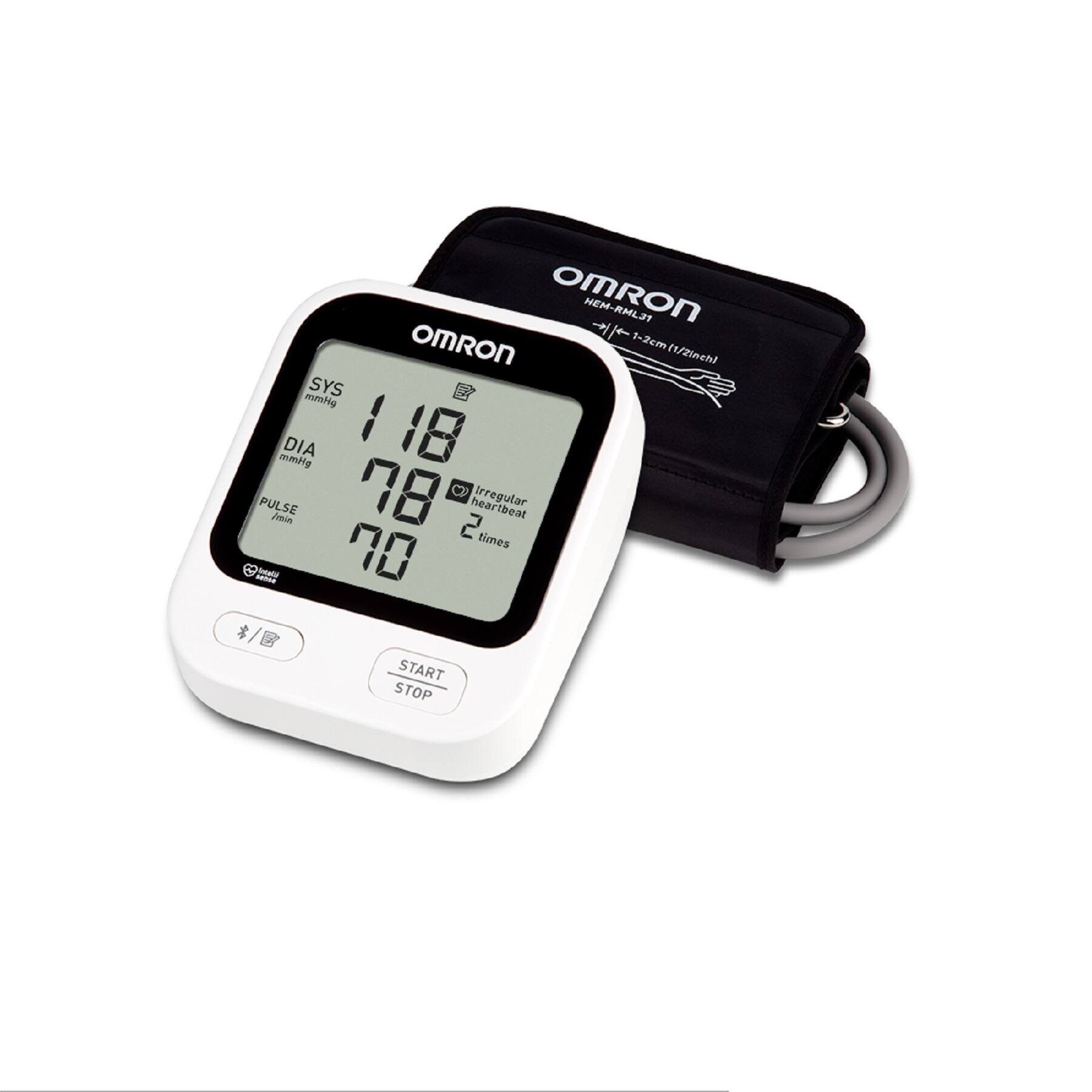 Omron NEM-RML3T 4 Omron 1-2cm 1/2inch/ SYS mmlg 1 18 DIA mmHeart rate PULSE /min 78 5 heartbeat Irregular times 00 START STOP