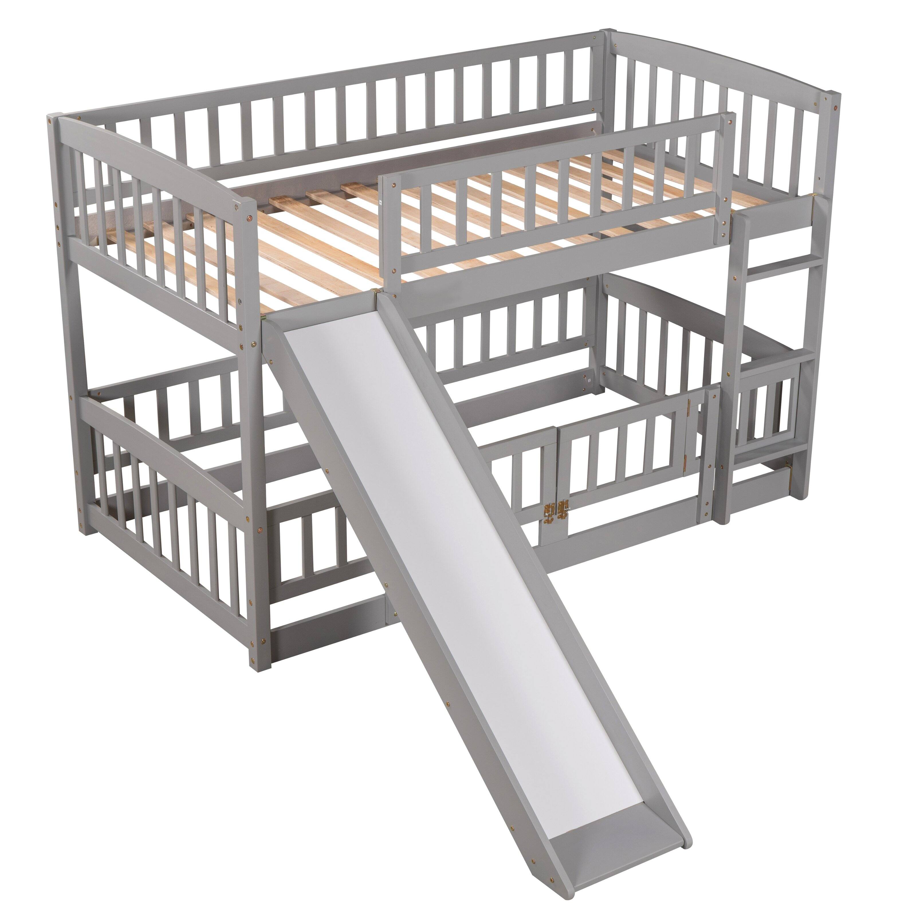 Left. Aukfa - Bunk Bed with Slide,Twin Over Twin Low Bunk Bed with Fence and Ladder for Kids Teens - Gray.