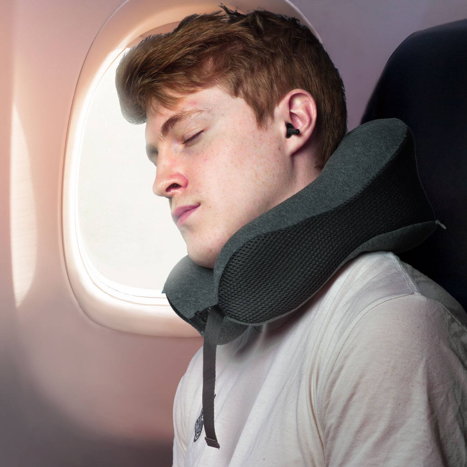 Angle. Fosmon - Foldable Memory Foam Travel Pillow, Travel Neck Pillow For Plane with Washable Cover and Ear Plugs - Dark Gray/Black - Gray.