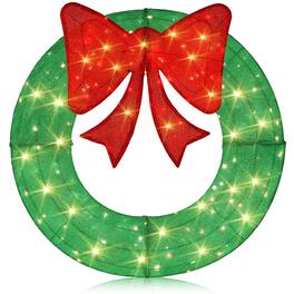 Costway - 48 Inch Pre-Lit Christmas Wreath with 200 LED Lights Red Bow Hanging Hooks - Green + Red