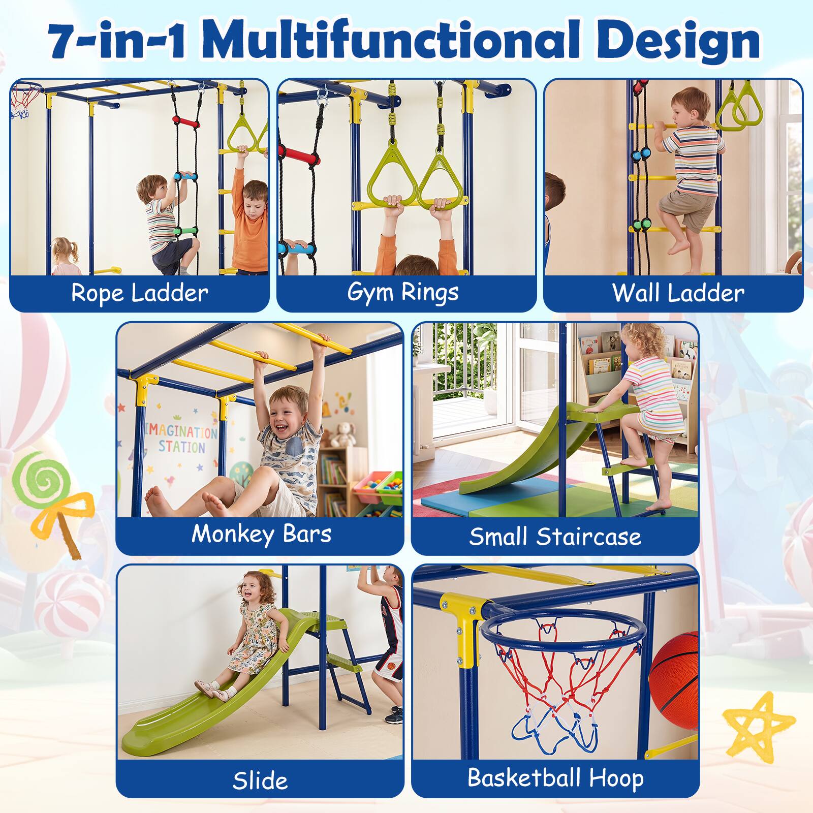 7-in-1 Multifunctional Design Rope Ladder Gym Rings Wall Ladder MAGINATION STATION Monkey Bars Small Staircase Slide Basketball Hoop