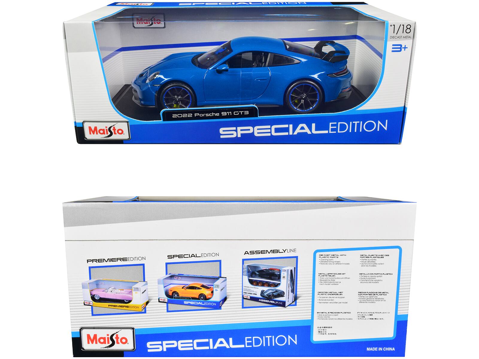 Sure, here is the corrected and grouped text from the image:

---

**Front of the Box:**

- **Maisto**
- **2022 Porsche 911 GT3**
- **SPECIAL EDITION**
- **1/18**
- **DIECAST METAL**
- **3+**
- **MADE IN CHINA**

---

**Side of the Box:**

- **PREMIERE EDITION**
- **SPECIAL EDITION**
- **ASSEMBLYLINE**

---

**Back of the Box:**

- **Maisto**
- **SPECIAL EDITION**
- **1/18**
- **DIECAST METAL**
- **3+**
- **MADE IN CHINA**

---

**Details:**

- **DIE CAST METAL WITH**
  - Opening doors
  - Front hood
  - Rear engine cover
  - Front trunk
  - Rear trunk
  - Front and rear bumpers
  - Wheels
  - Tires
  - Metal parts with plastic

- **METAL PLUKT AV DIEBET**
  - Öppna dörrar
  - Förra däcket
  - Bakdäcket
