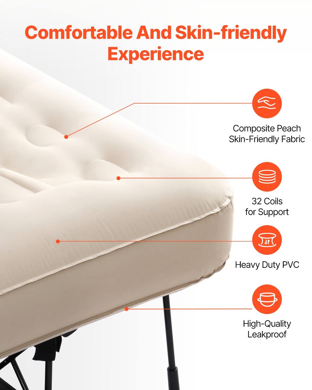 Comfortable And Skin-friendly Experience

- Composite Peach Skin-Friendly Fabric
- 32 Coils for Support
- Heavy Duty PVC
- High-Quality Leakproof