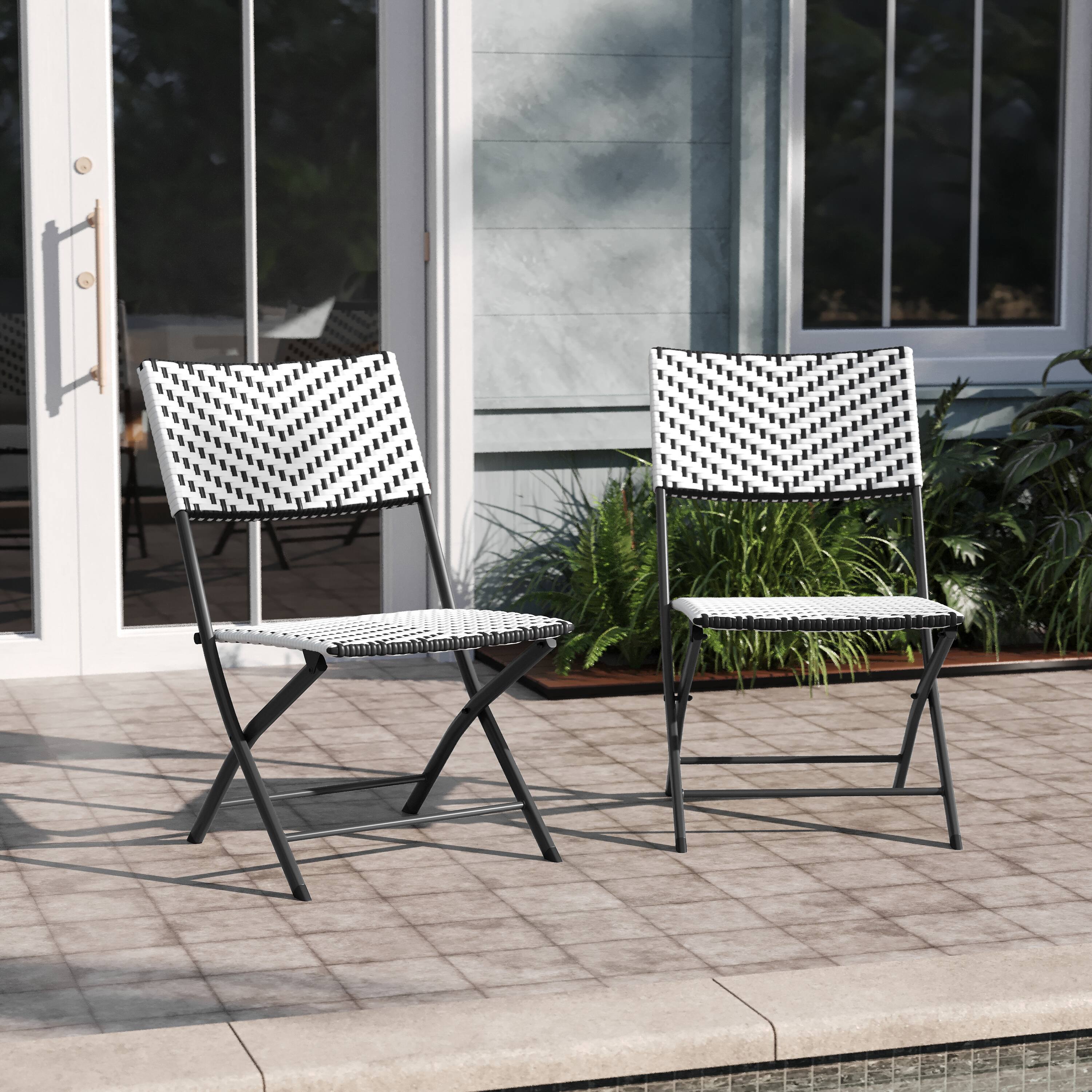Alt View 2. Emma + Oliver - Ciel Set of Two Folding Bistro Chairs in PE Rattan with Metal Frames for Indoor and Outdoor Use - Black & White.