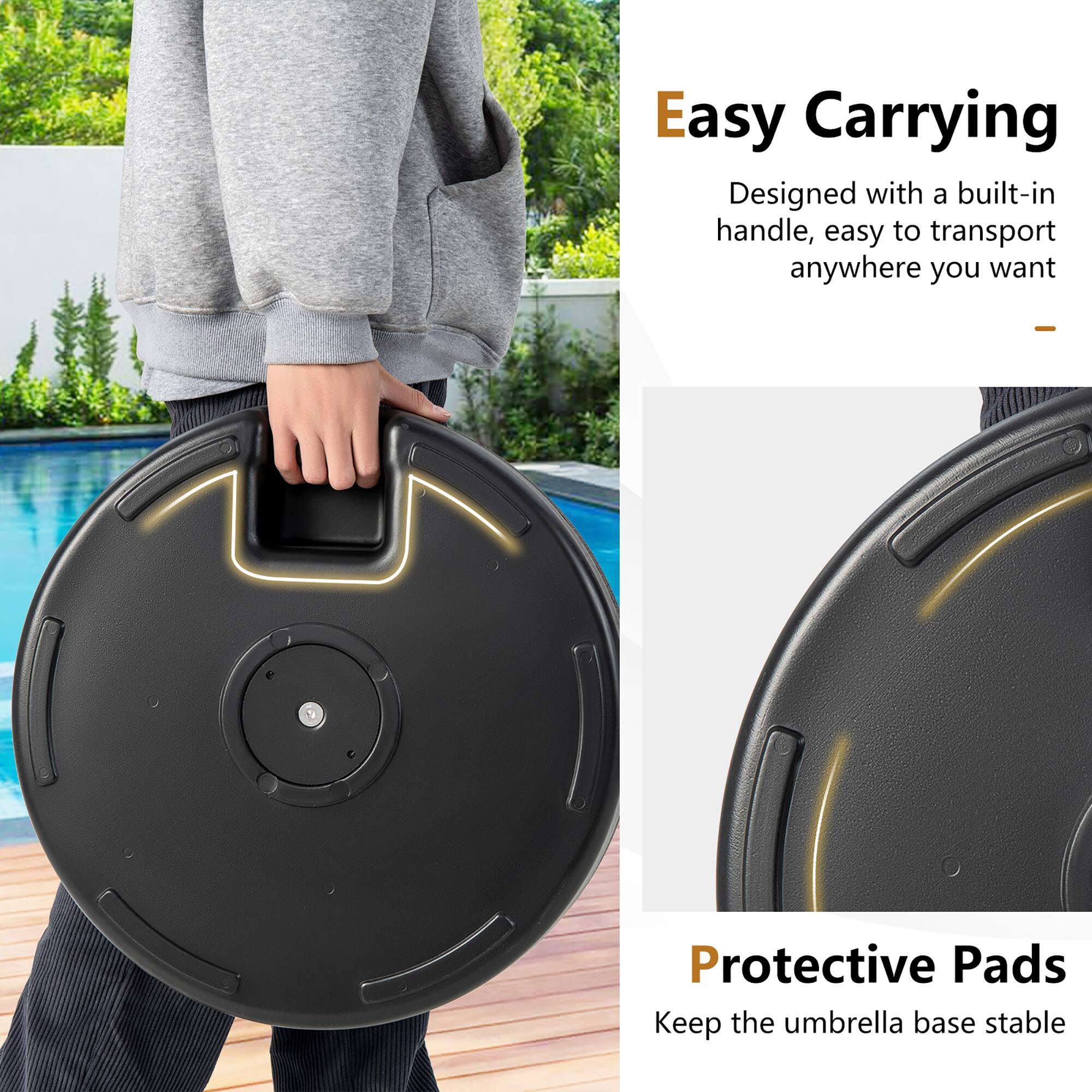 Easy Carrying: Designed with a built-in handle, easy to transport anywhere you want. Protective Pads: Keep the umbrella base stable.