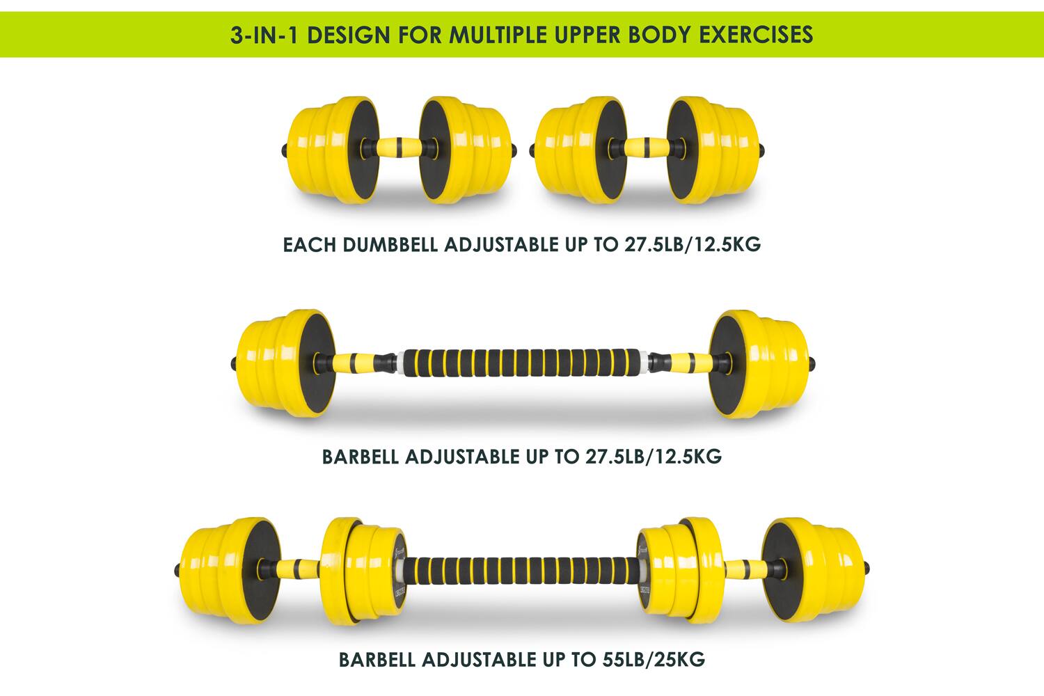 3-IN-1 DESIGN FOR MULTIPLE UPPER BODY EXERCISES

EACH DUMBBELL ADJUSTABLE UP TO 27.5LB/12.5KG
BARBELL ADJUSTABLE UP TO 27.5LB/12.5KG
BARBELL ADJUSTABLE UP TO 55LB/25KG