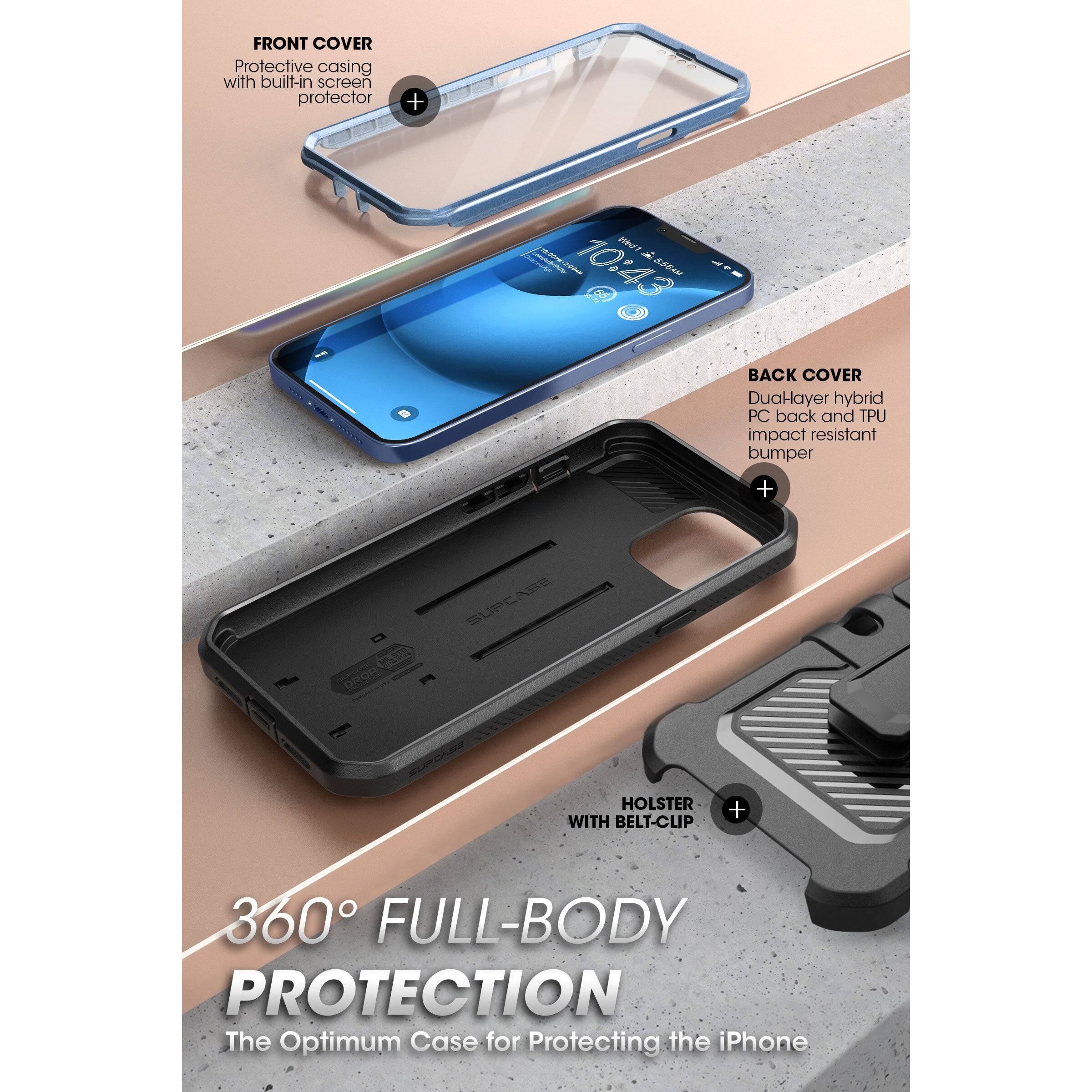 FRONT COVER  
Protective casing with built-in screen protector  

BACK COVER  
Dual-layer hybrid PC back and TPU impact resistant bumper  

HOLSTER WITH BELT-CLIP  

360° FULL-BODY PROTECTION  
The Optimum Case for Protecting the iPhone