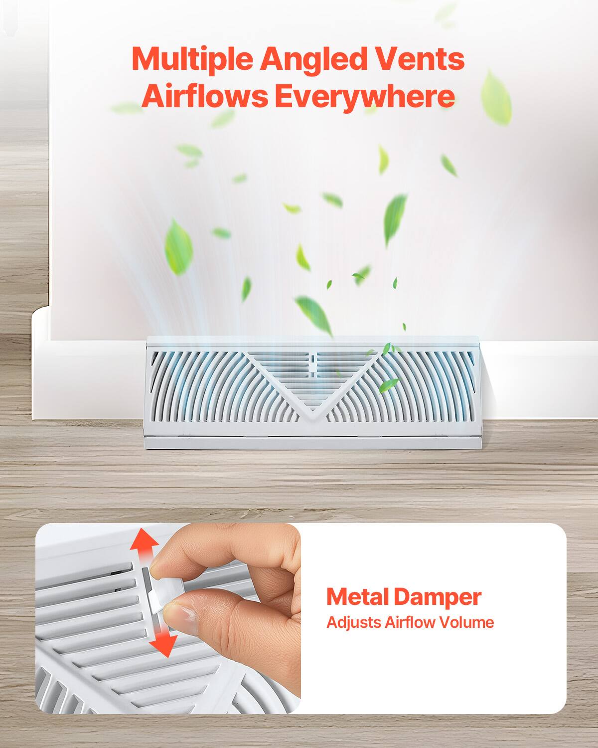 Multiple Angled Vents Airflows Everywhere  
Metal Damper Adjusts Airflow Volume