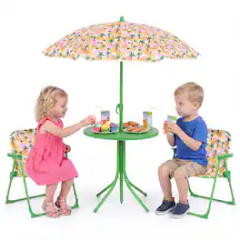 Gymax - Kids Picnic Table Outdoor Table&Chair Set 2 Folding Chairs&Adjustable Umbrella Green - Beige