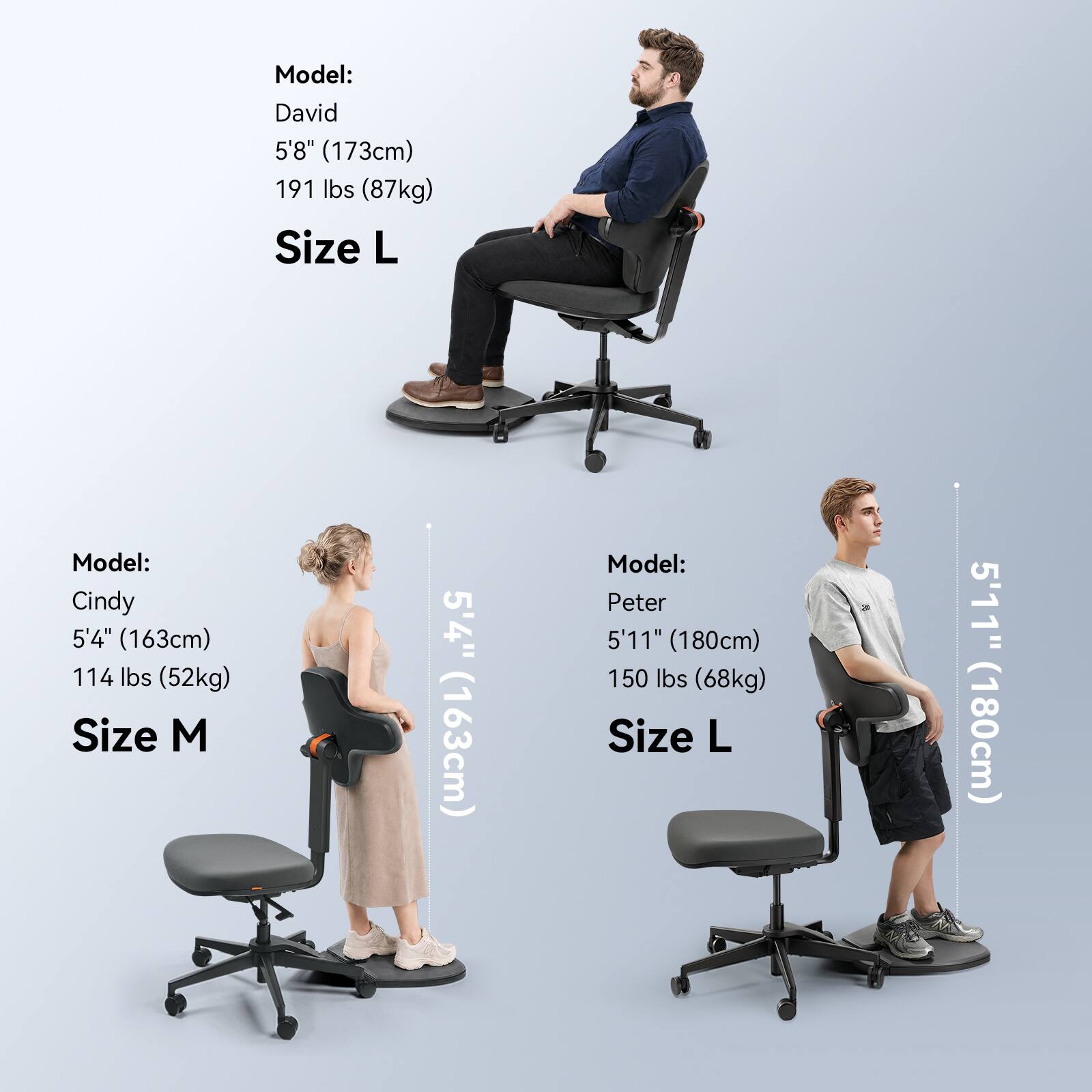 Model: David  
5'8" (173cm)  
191 lbs (87kg)  
Size L  

Model: Cindy  
5'4" (163cm)  
114 lbs (52kg)  
Size M  

Model: Peter  
5'11" (180cm)  
150 lbs (68kg)  
Size L