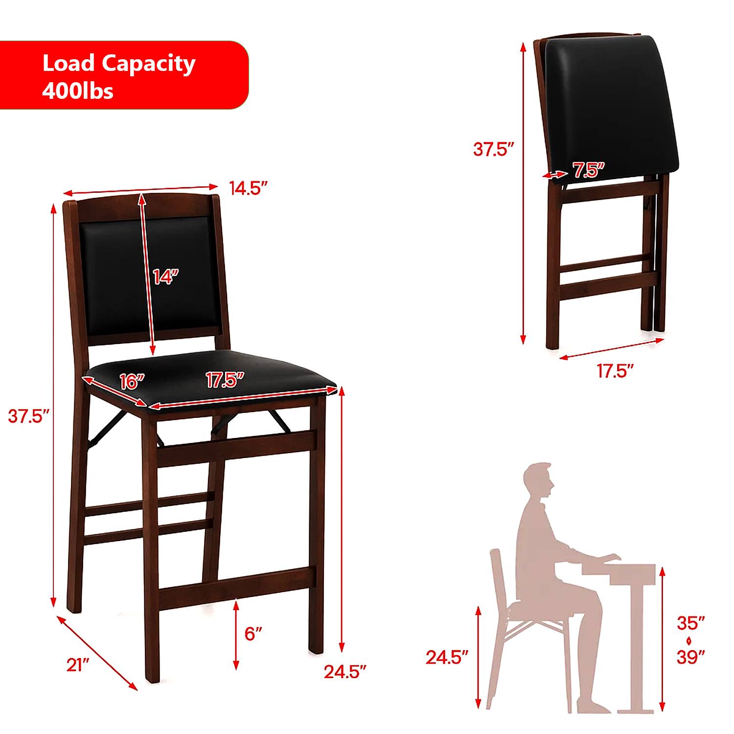 Load Capacity: 400lbs

- Seat Height: 14"
- Seat Depth: 17.5"
- Seat Width: 16"
- Back Height: 14.5"
- Overall Height: 37.5"
- Overall Width: 24.5"
- Overall Depth: 21"
- Armrest Height: 7.5"
- Armrest Width: 17.5"
- Table Height: 35"
- Table Depth: 39"