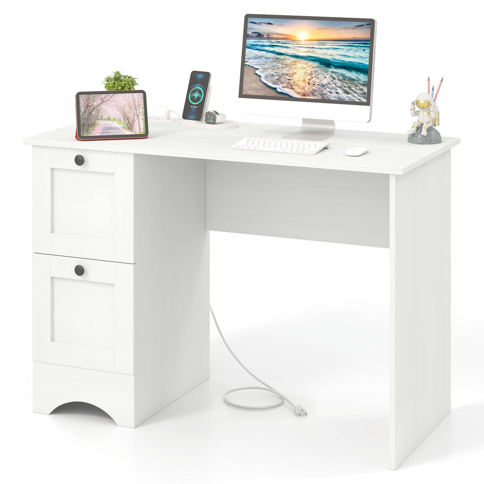 Front. Ecooso - Wood Computer Desk Workstation with 2 Drawers, Home Office Writing Table - White.