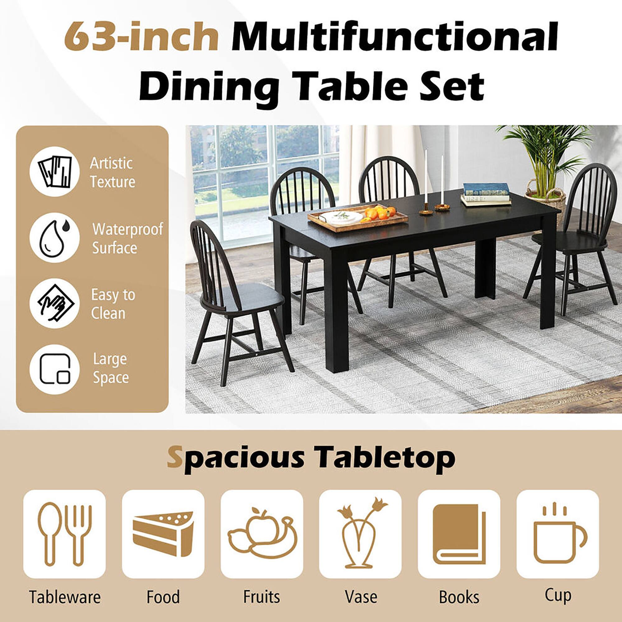 63-inch Multifunctional Dining Table Set

Artistic Texture  
Waterproof Surface  
Easy to Clean  
Large Space  

Spacious Tabletop  

Tableware  
Food  
Fruits  
Vase  
Books  
Cup