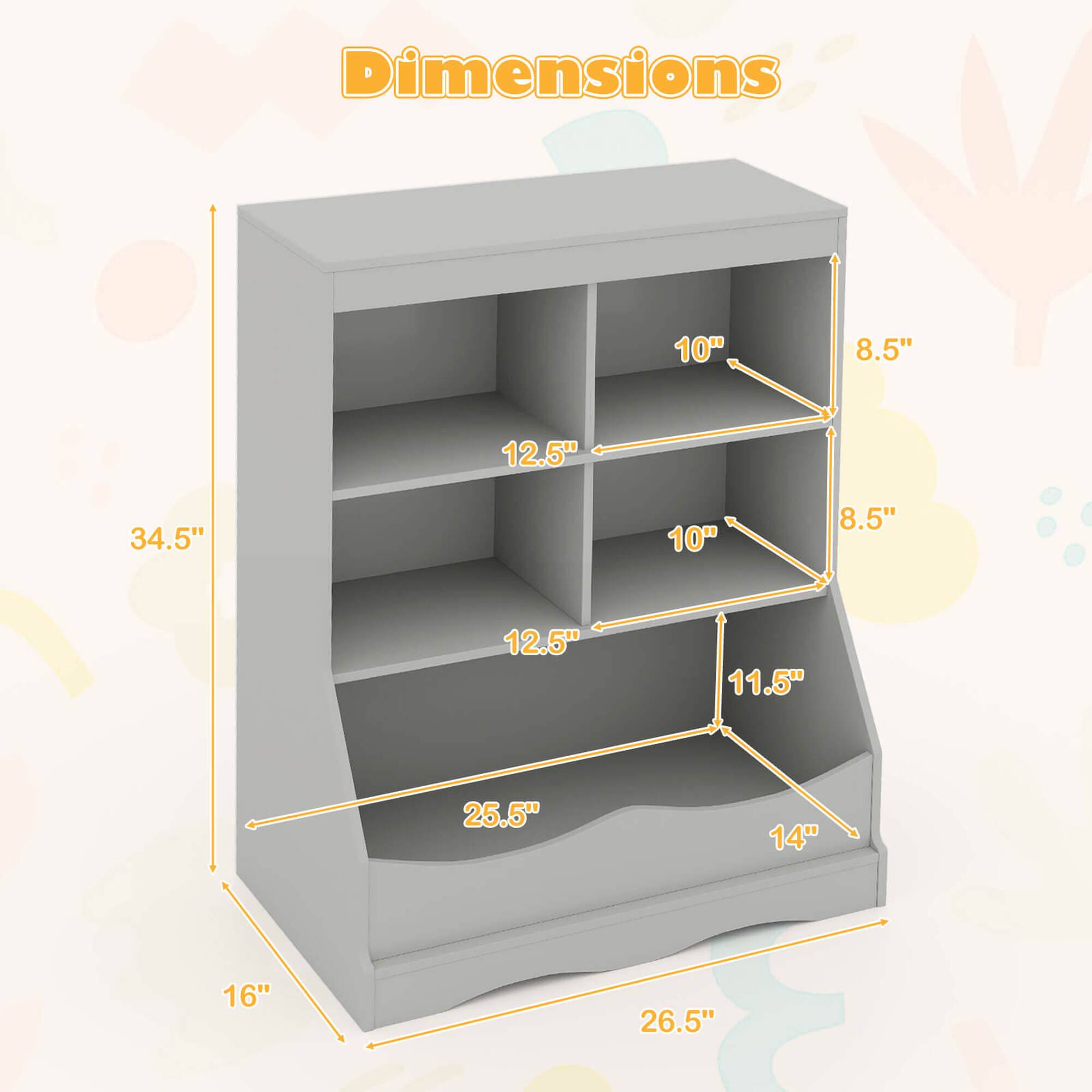 Dimensions:  
- Width: 16"  
- Depth: 26.5"  
- Height: 34.5"  
- Shelf 1: 10" (width) x 8.5" (depth)  
- Shelf 2: 10" (width) x 8.5" (depth)  
- Shelf 3: 11.5" (width) x 14" (depth)  
- Shelf 4: 12.5" (width) x 12.5" (depth)  
- Shelf 5: 12.5" (width) x 12.5" (depth)  
- Total height from floor to top: 25.5"