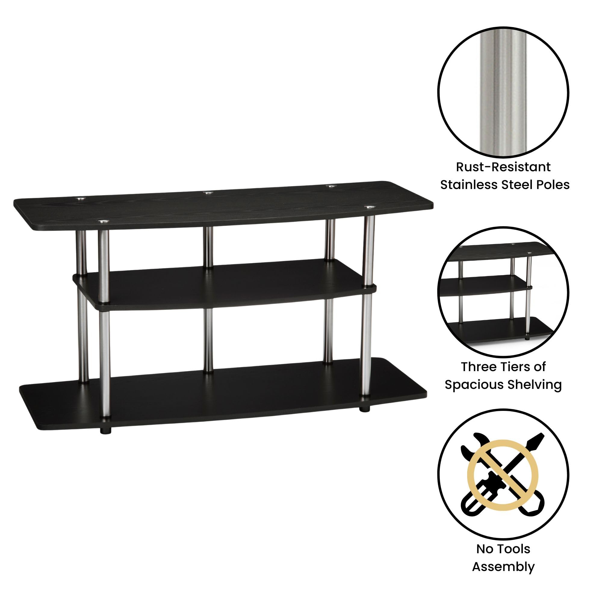 - Rust-Resistant Stainless Steel Poles
- Three Tiers of Spacious Shelving
- No Tools Assembly