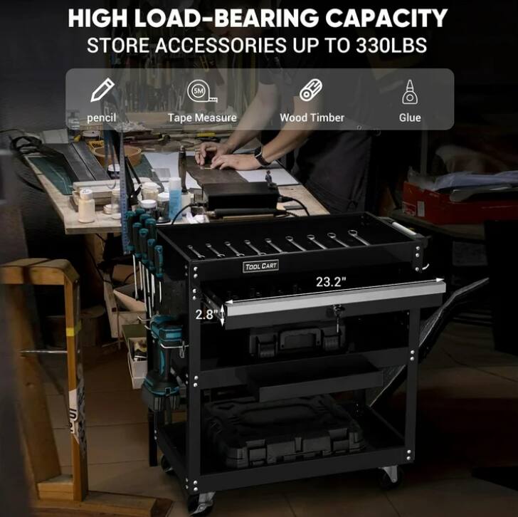 HIGH LOAD-BEARING CAPACITY  
STORE ACCESSORIES UP TO 330LBS  

- pencil  
- Tape Measure (5M)  
- Wood Timber  
- Glue  

TOOL CART  
23.2"  
2.8"