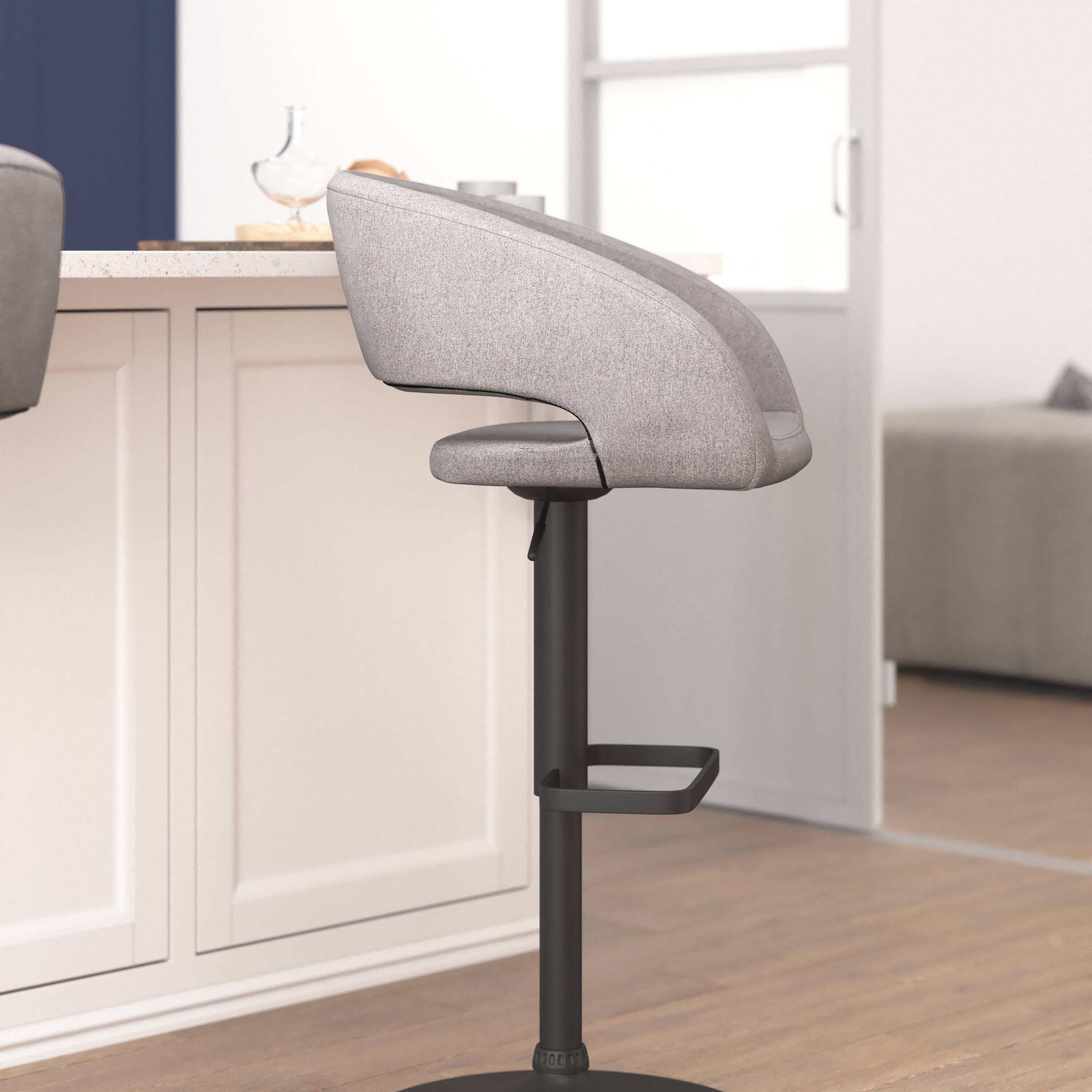 Alt View 3. Emma + Oliver - Shae Contemporary Upholstered Adjustable Height Barstool with Rounded, Cutout Mid-Back and Pedestal Base - Gray Fabric/Black Frame.
