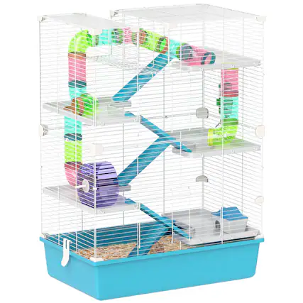 Front. Pawhut - Hamster Cage, 6 Tier Small Animal Cage with Tubes, Tunnels, 32" DIY Design with Hut, Wheel, Food Dish, Water Bottle.
