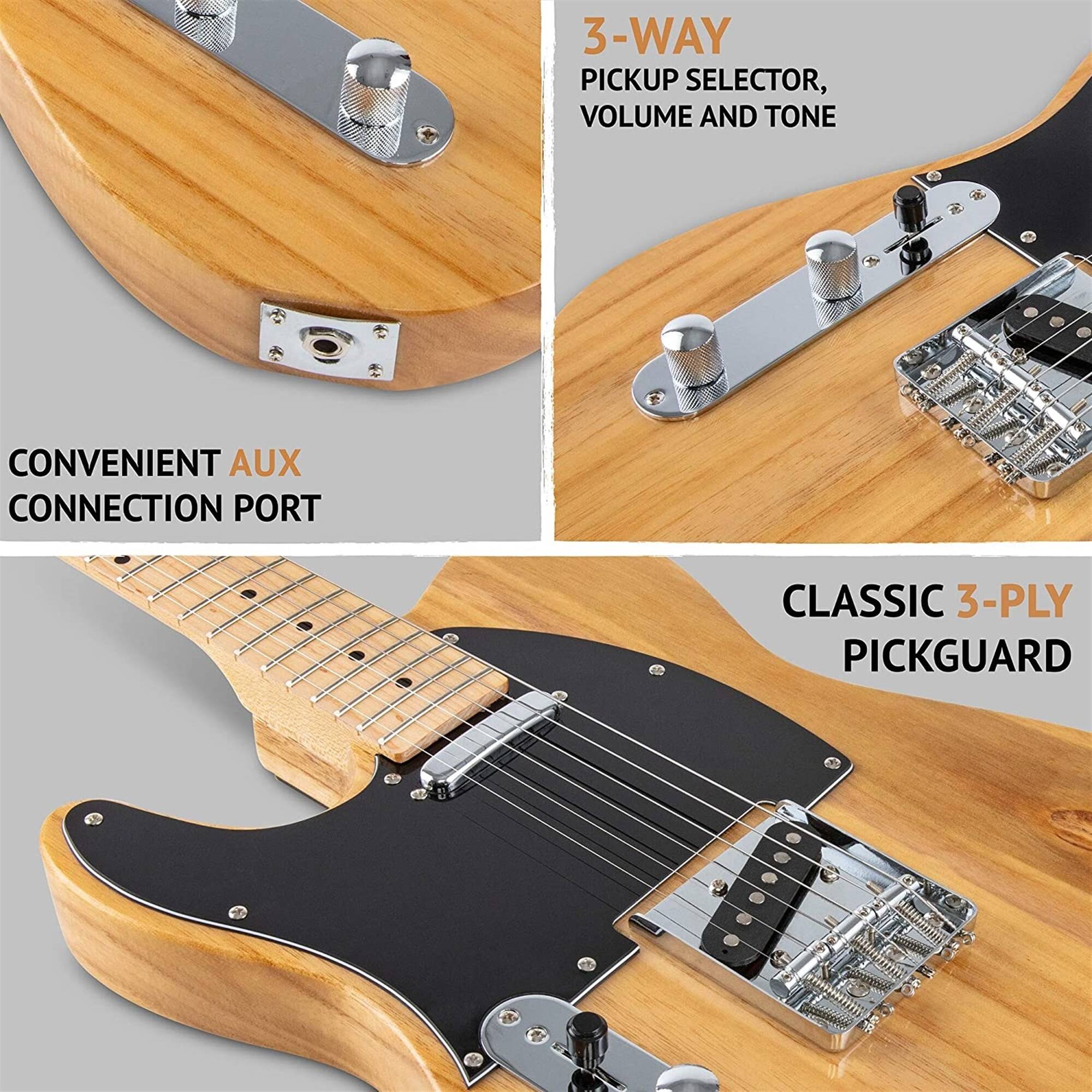 3-WAY PICKUP SELECTOR, VOLUME AND TONE, CONVENIENT AUX CONNECTION PORT, CLASSIC 3-PLY PICKGUARD