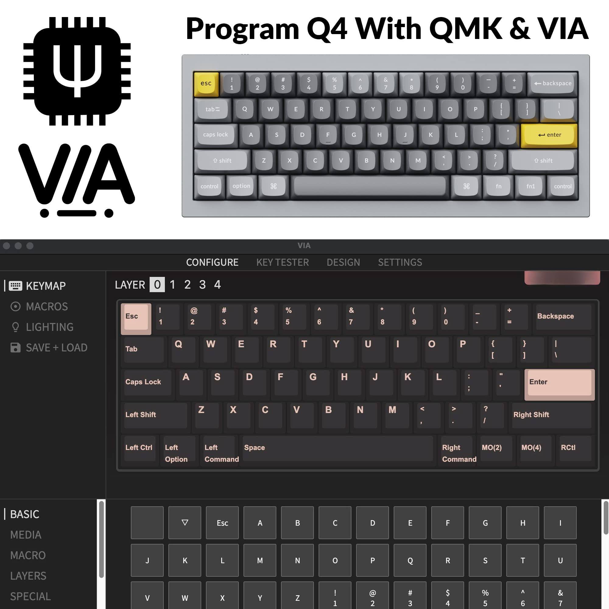Program Q4 With QMK & VIA

VIA

CONFIGURE
KEYMAP
MACROS
LIGHTING
SAVE + LOAD

KEYMAP
LAYER 0 1 2 3 4

Esc 1 2 3 4 5 % 6 7 8 9 0 - = Backspace
Tab Q W E R T Y U I O P [ ] \
Caps Lock A S D F G H J K L ; ' Enter
Shift Z X C V B N M , . / Shift
Control Option Command Right Shift

BASIC
MEDIA
MACRO
LAYERS
SPECIAL

Esc ! @ # $ % ^ & * ( ) _ + Backspace
Tab Q W E R T Y U I O P { } |
Caps Lock A S D F G H J K L : " Enter
Left Shift Z X C V B N M , . / Right Shift
Left Ctrl Left Left Space Command Right Command

MO(2) Command MO(4) RCtrl

Esc A B C D E F G H I J K L M N O P Q R S T U
V W X Y Z 1 2 3 4 5 6 7