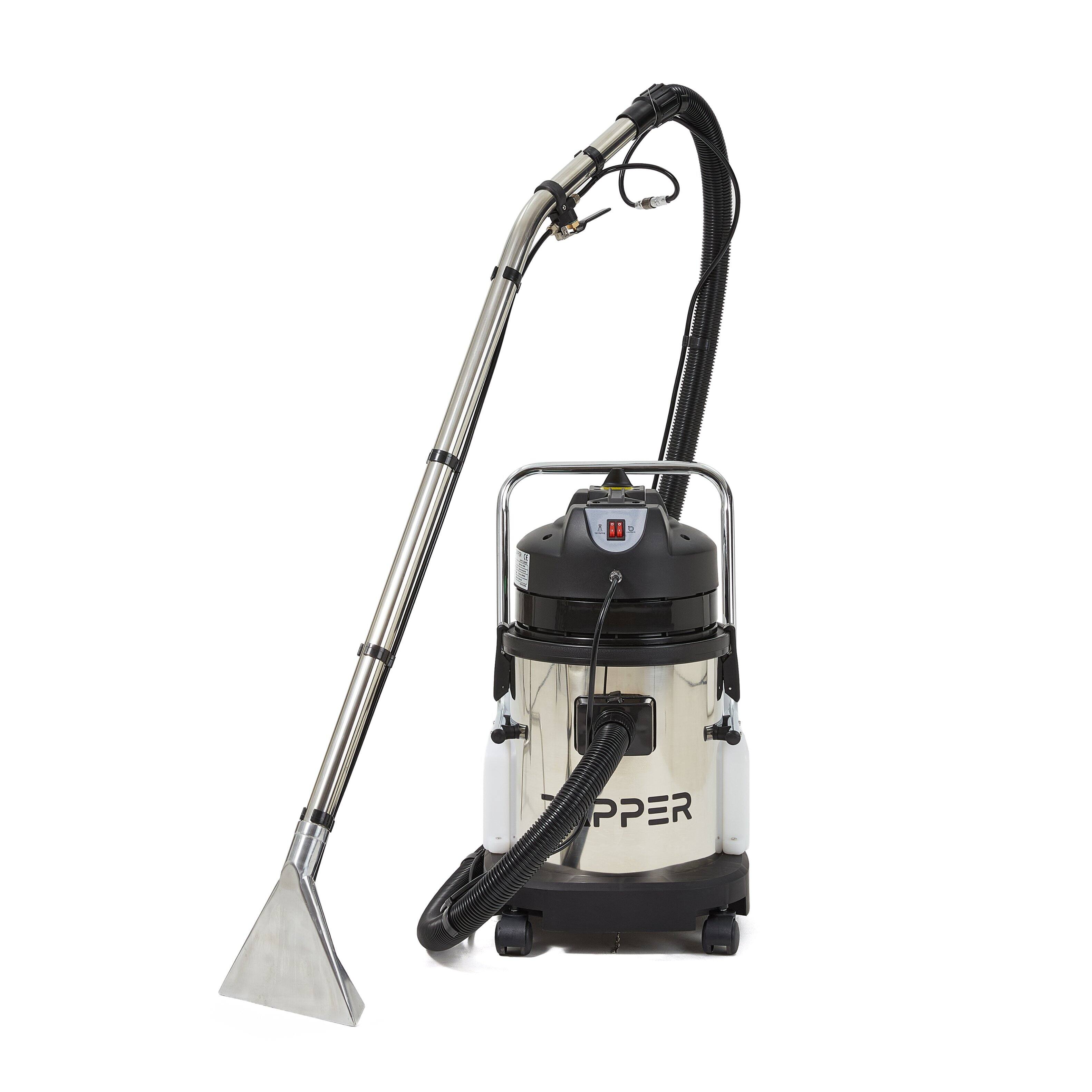 Angle. Dapper Supply - Commercial 4-in-1 Wet/Dry Carpet Extractor, 100 PSI, 2.6 Gal. Solution, 5.5 Gal. Recovery Tank - Gray.