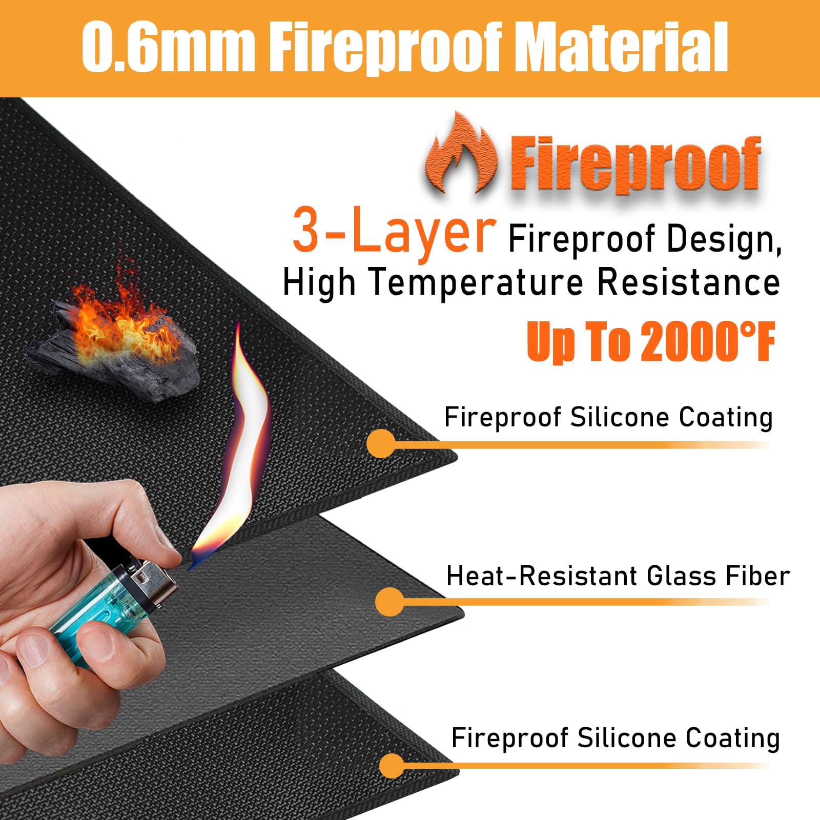 0.6mm Fireproof Material

Fireproof

3-Layer Fireproof Design, High Temperature Resistance Up To 2000°F

- Fireproof Silicone Coating
- Heat-Resistant Glass Fiber
- Fireproof Silicone Coating